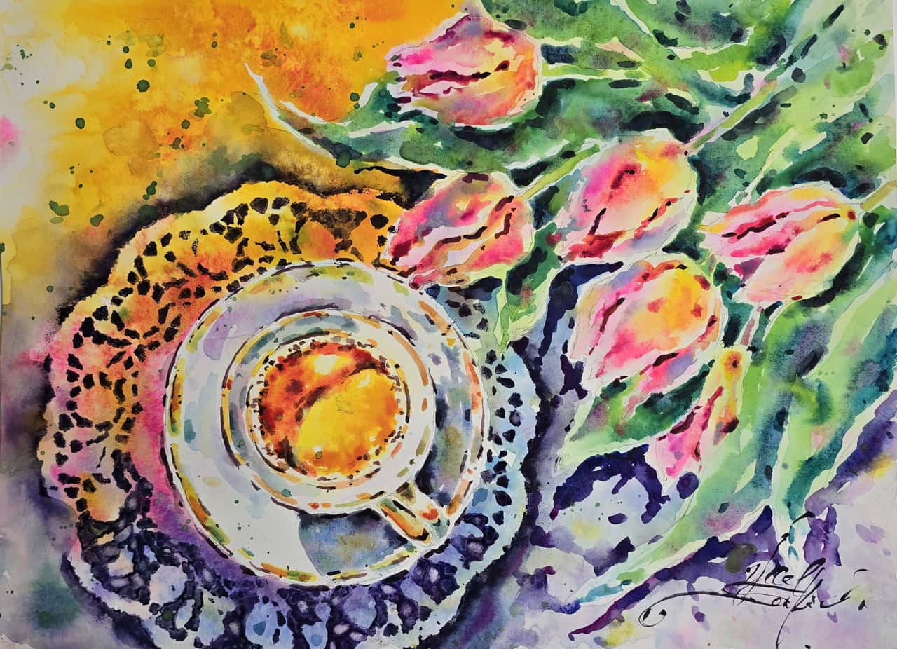 Original Watercolor Painting with Coffe and Tulips - Still Life Wall Art