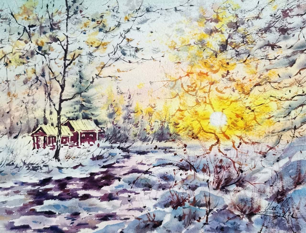 Original Watercolor Winter Landscape Painting - Sunrise Wall Art