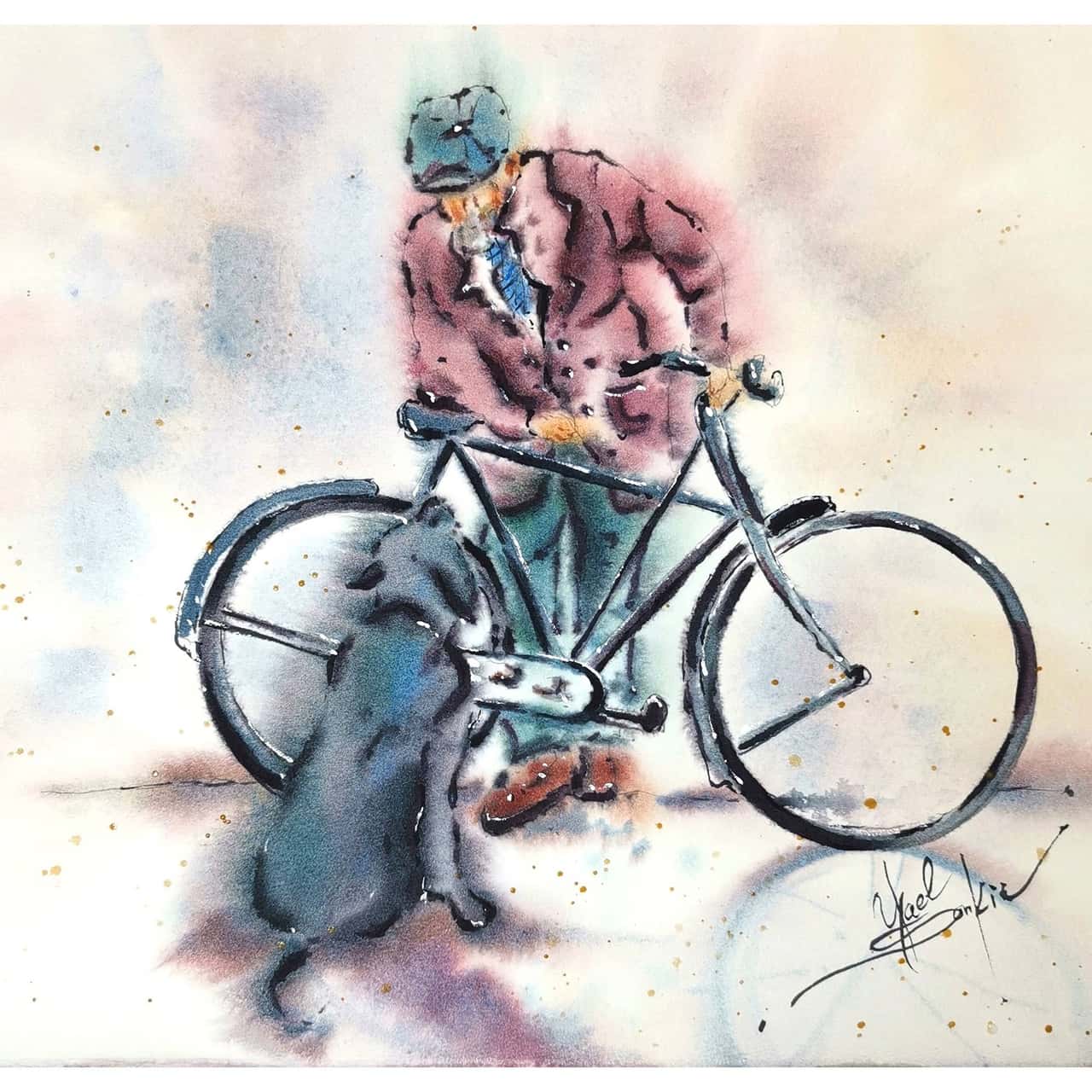 Man with Bicycle and Dog - Original Watercolor Painting