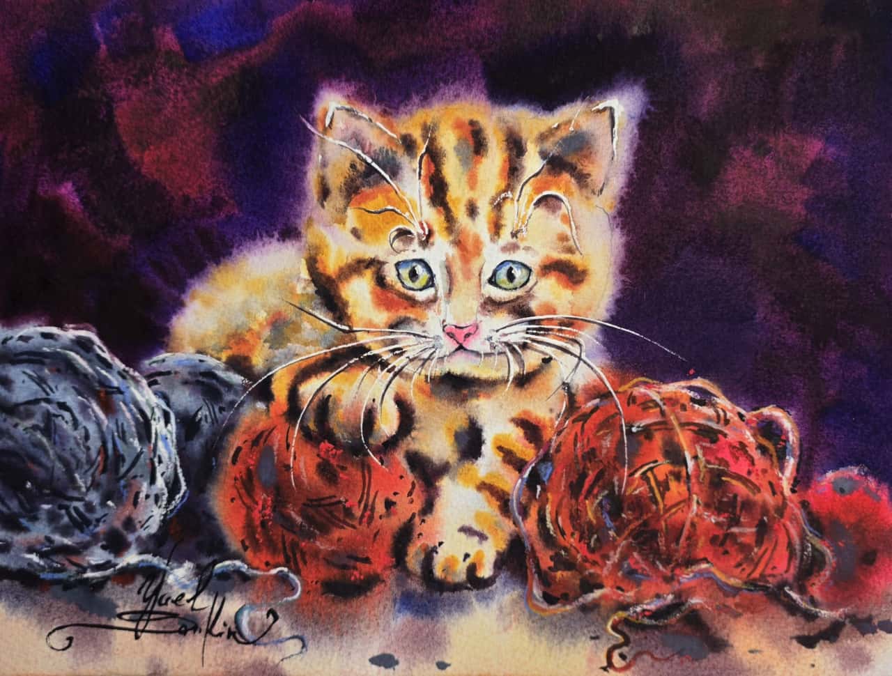 Kitten Watercolor Painting, Original Cat Wall Art with Yarn Balls, Pet Lover Gift
