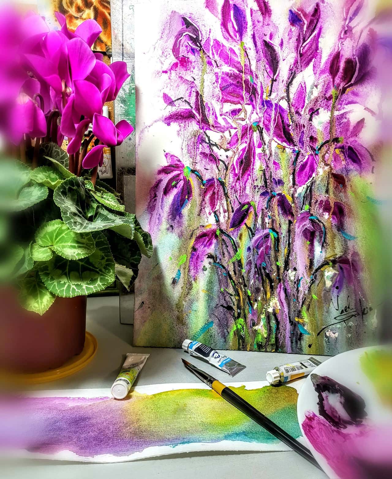 Original Watercolor Cyclamen Flower Painting - Purple Floral Wall Art