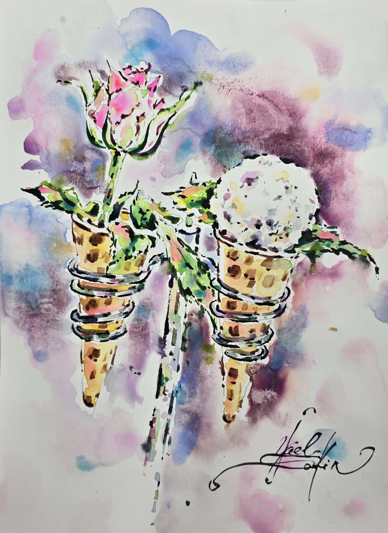 Pink Rose and Ice Cream - Original Watercolor Painting