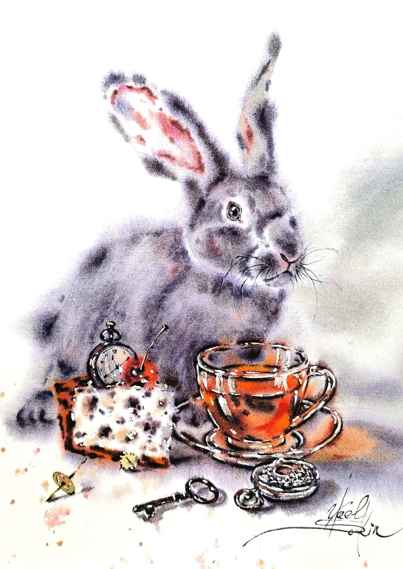 Original Watercolor Rabbit Painting - Vintage Tea Set Still Life Wall Art