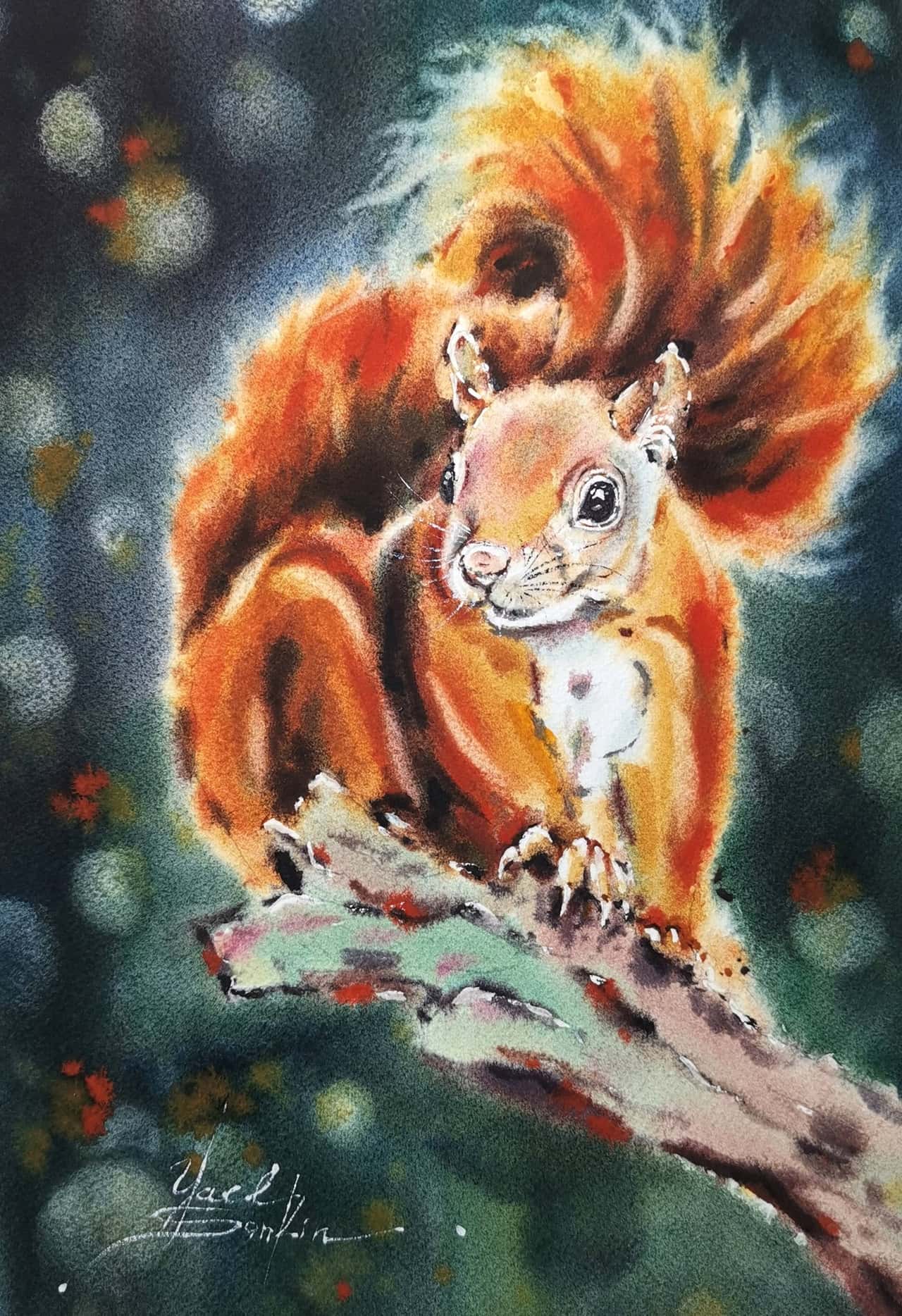 Original Watercolor Red Squirrel on a Branch Painting - Animal Wall Art