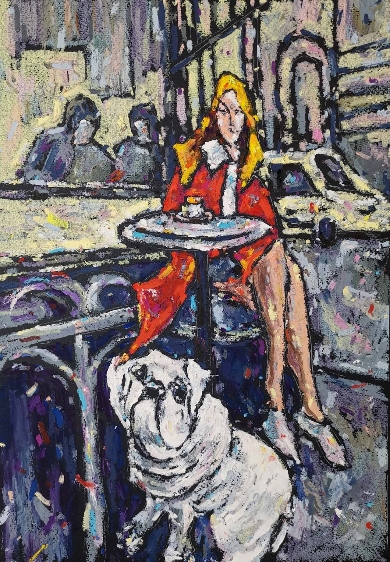 Original Oil Pastel Painting - Lady in Red with Bulldog - Urban Café Scene Wall Art
