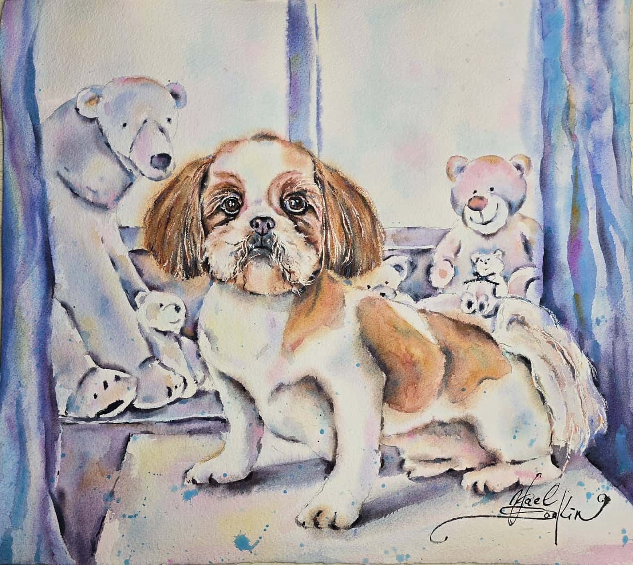Shih Tzu Dog WAtercolor Painting - Original Pet Portrait Wall Art