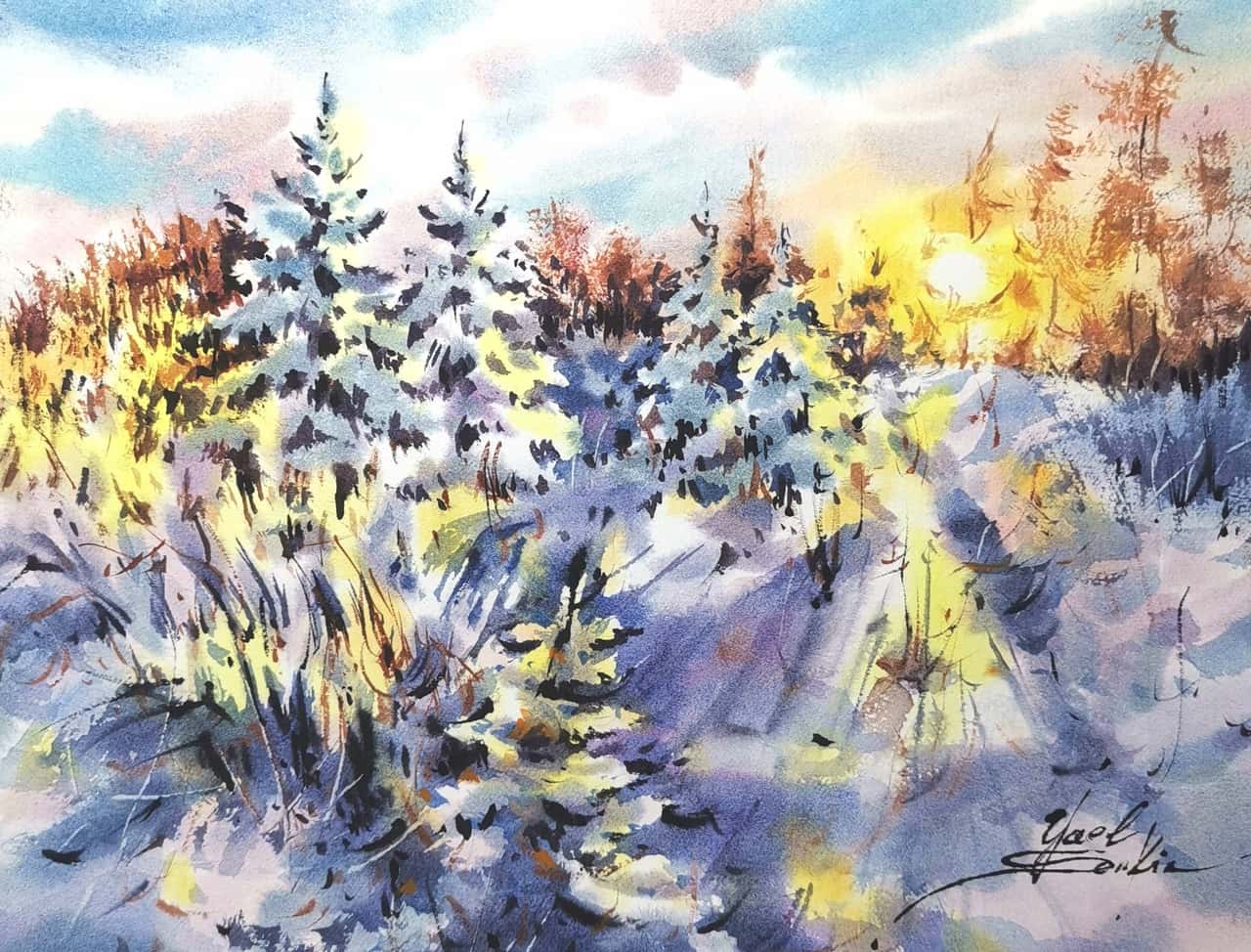Original Watercolor Sunrise Painting - Winter Landscape Wall Art