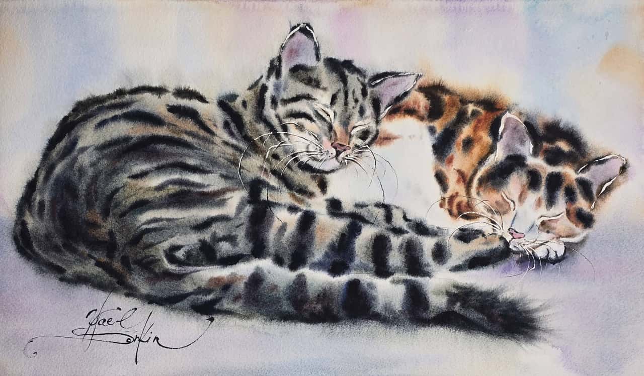 Tabby Cats Watercolor Painting - Sleeping Cats Wall Decor