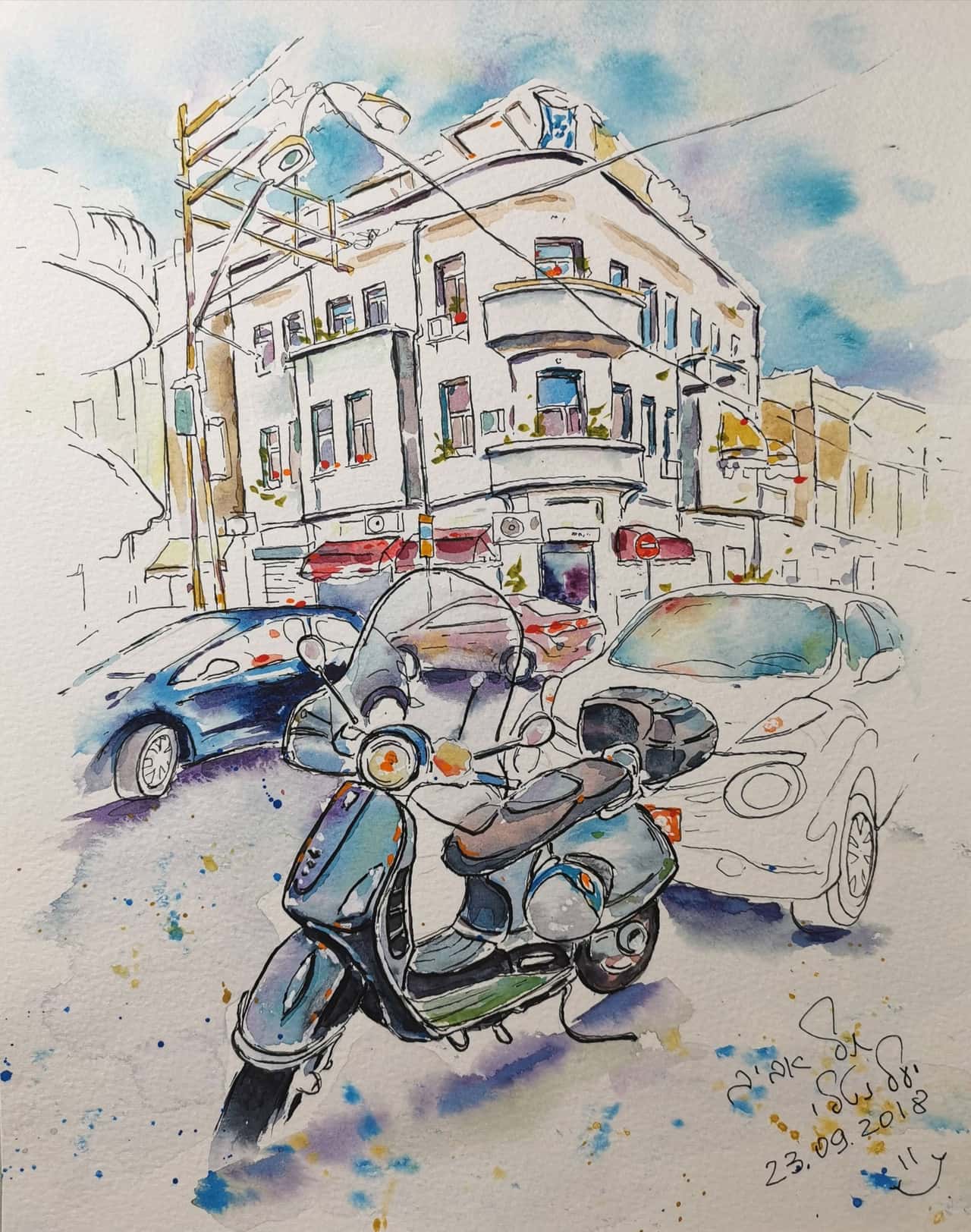 Original watercolor painting Tel Aviv cityscape artwork