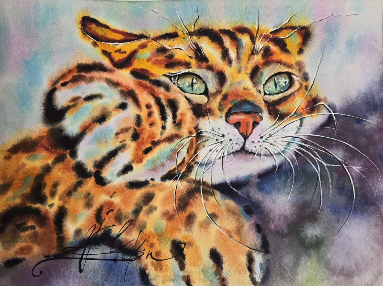 Bengal Cat Watercolor Painting - Original Orange Cat Wall Art, Hand-Painted Animal Portrait
