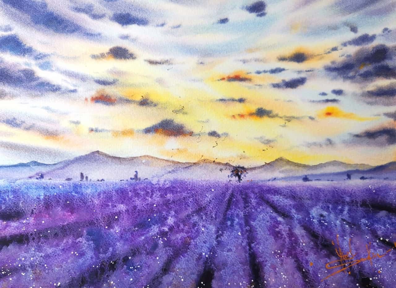 Original Watercolor Lavender Field of Tuscany Painting - Italy Landscape Wall Art