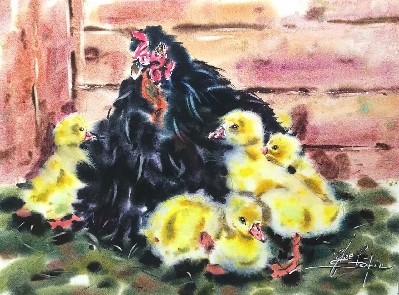 Original Watercolor Hen with Chicks Painting - Rustic Countryside Scene Wall Art