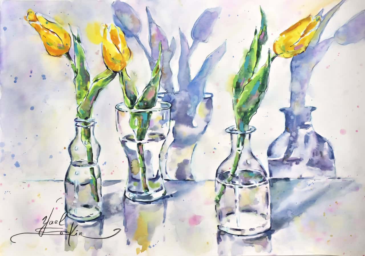 Original Watercolor Yellow Tulips in Glass Bottles - Floral Wall Art