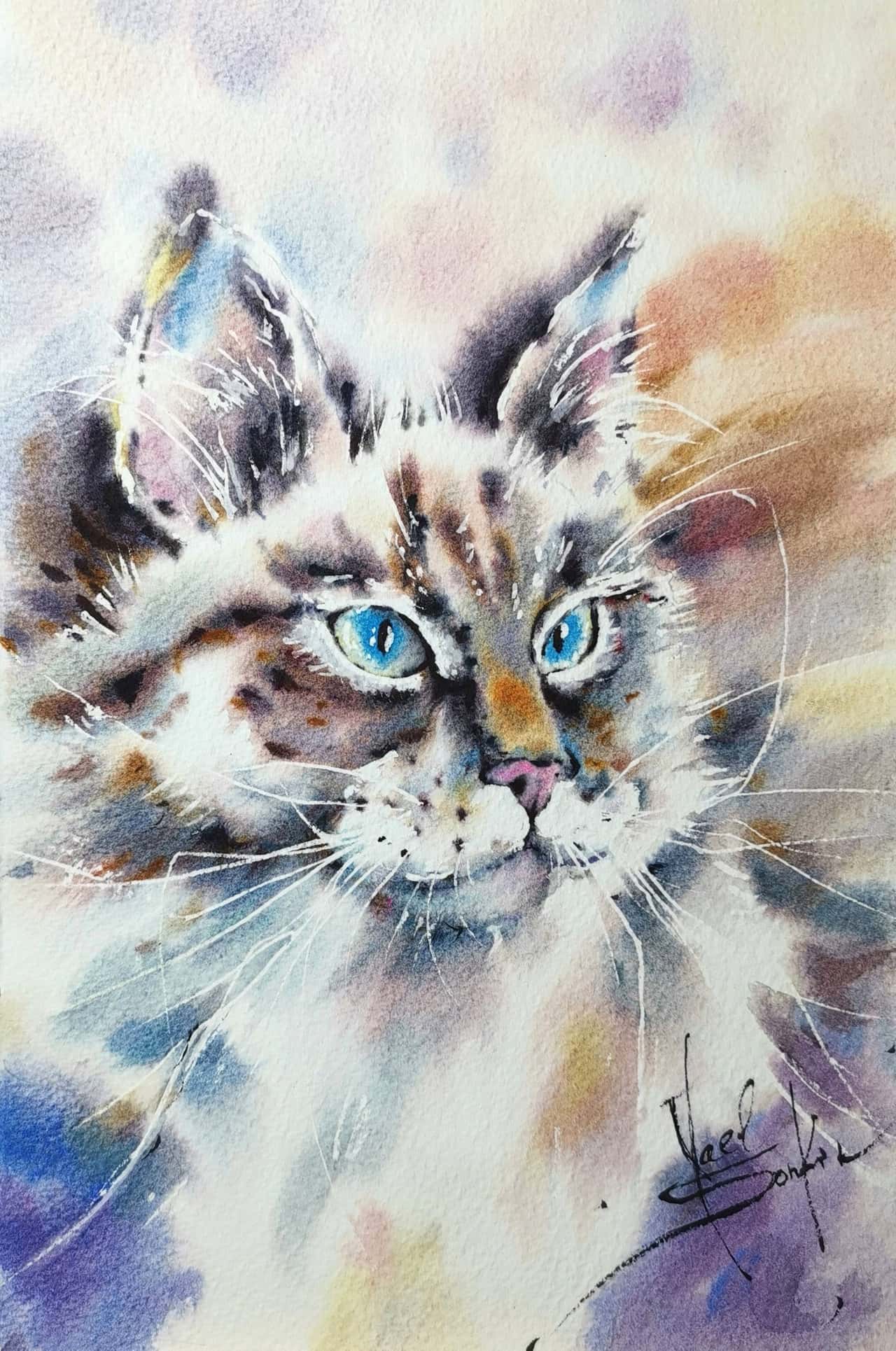 Cat Painting Original Watercolor