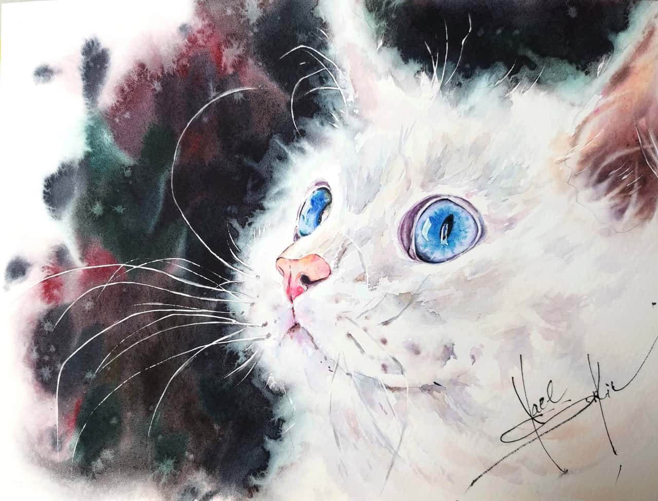 White cat painting Original watercolor artwork