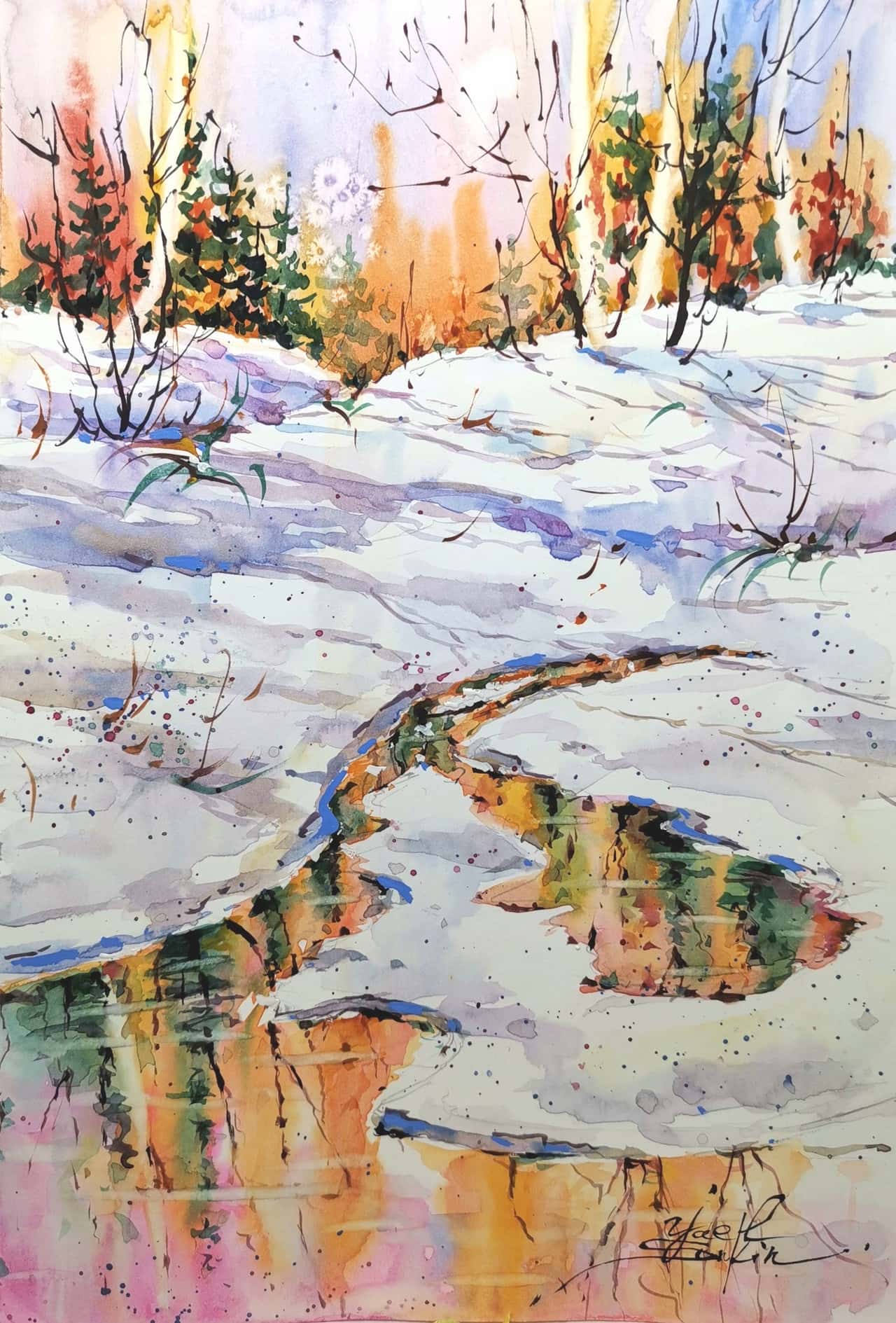Original Watercolor Winter Landscape Painting - Snowy Forest Stream Wall Art