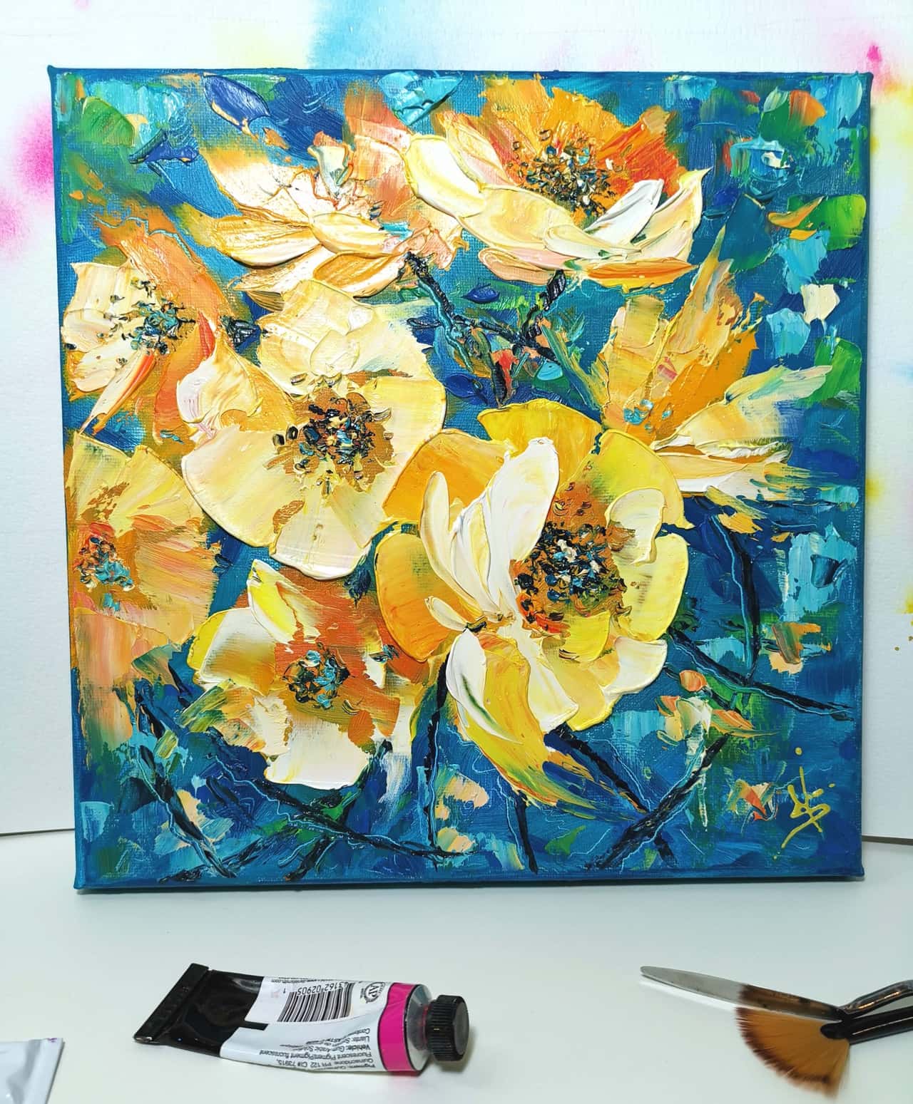 Original Impasto Oil Yellow Flowers Painting - Textured Floral Wall Art