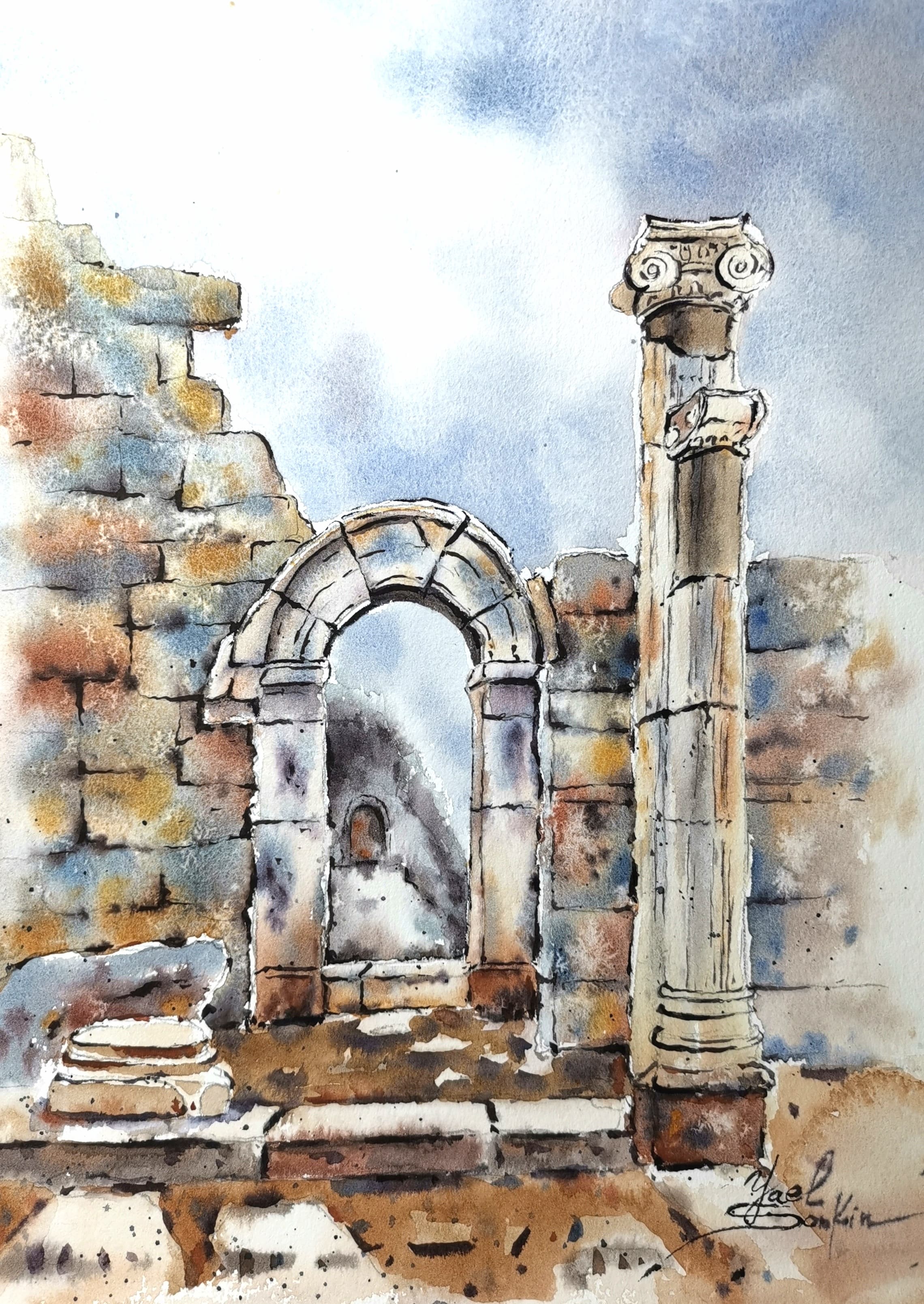 Ancient Greek ruins watercolor painting with stone arch and Ionic column under blue sky, classical architecture artwork by Yael Natali