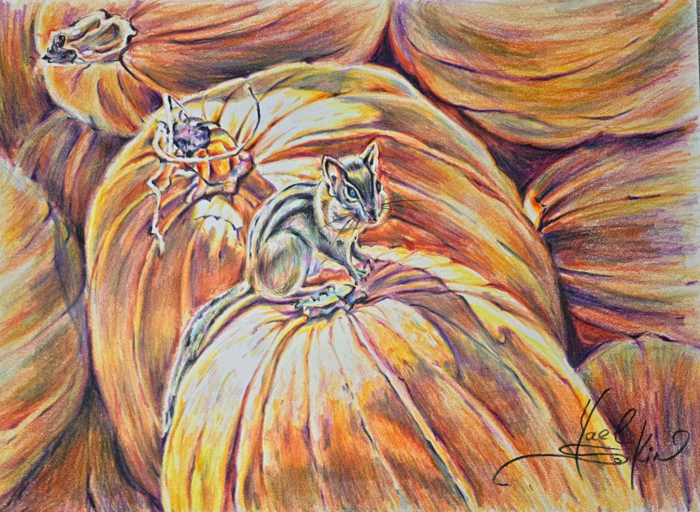 Watercolor pencil drawing of a chipmunk sitting on large orange pumpkins, detailed autumn still life with warm colors, original art by Yael Natali