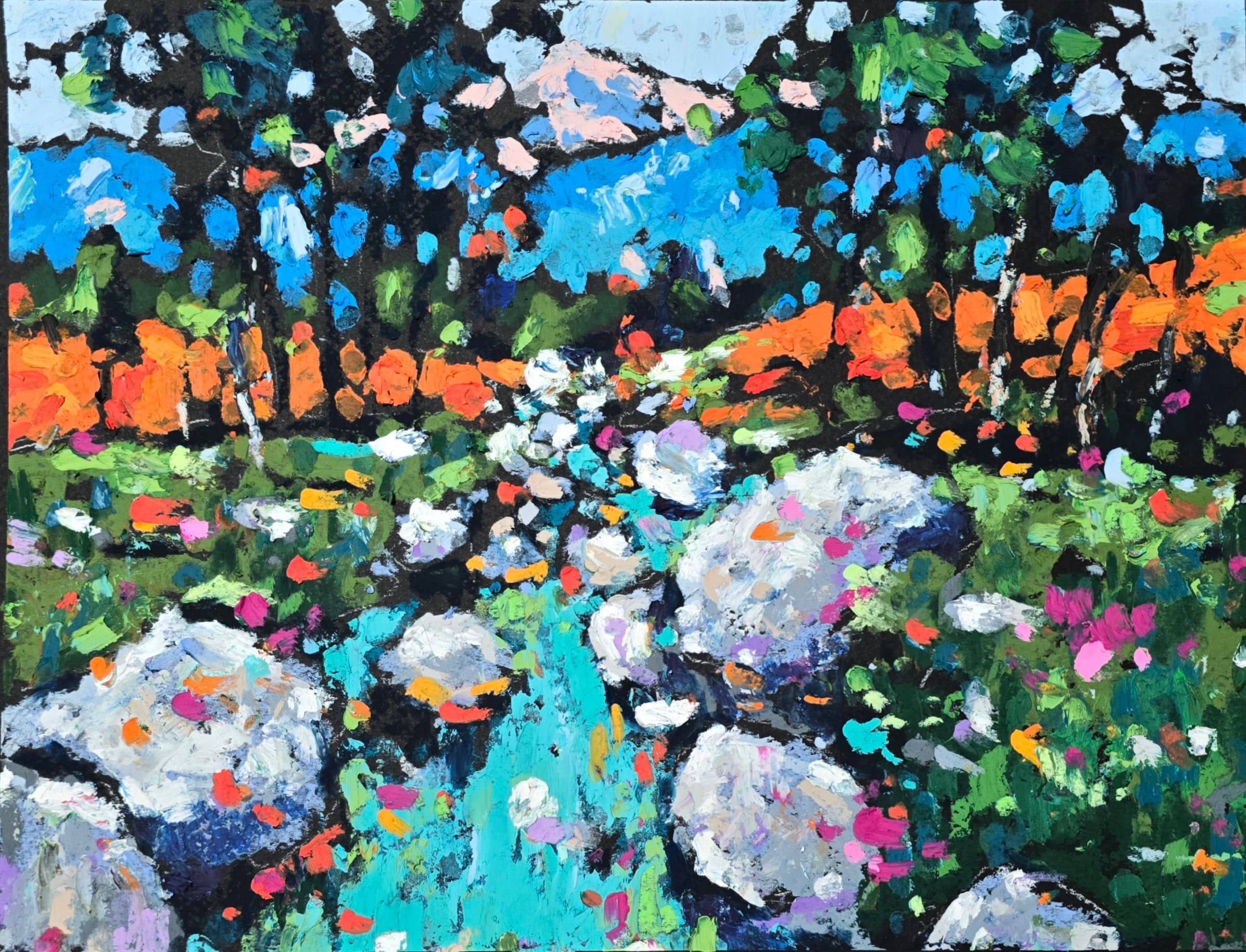 Original oil pastel painting by Yael Natali - colorful autumn landscape with a stream, rocks, and wildflowers inspired by vibrant fall colors, impressionist nature artwork on paper.