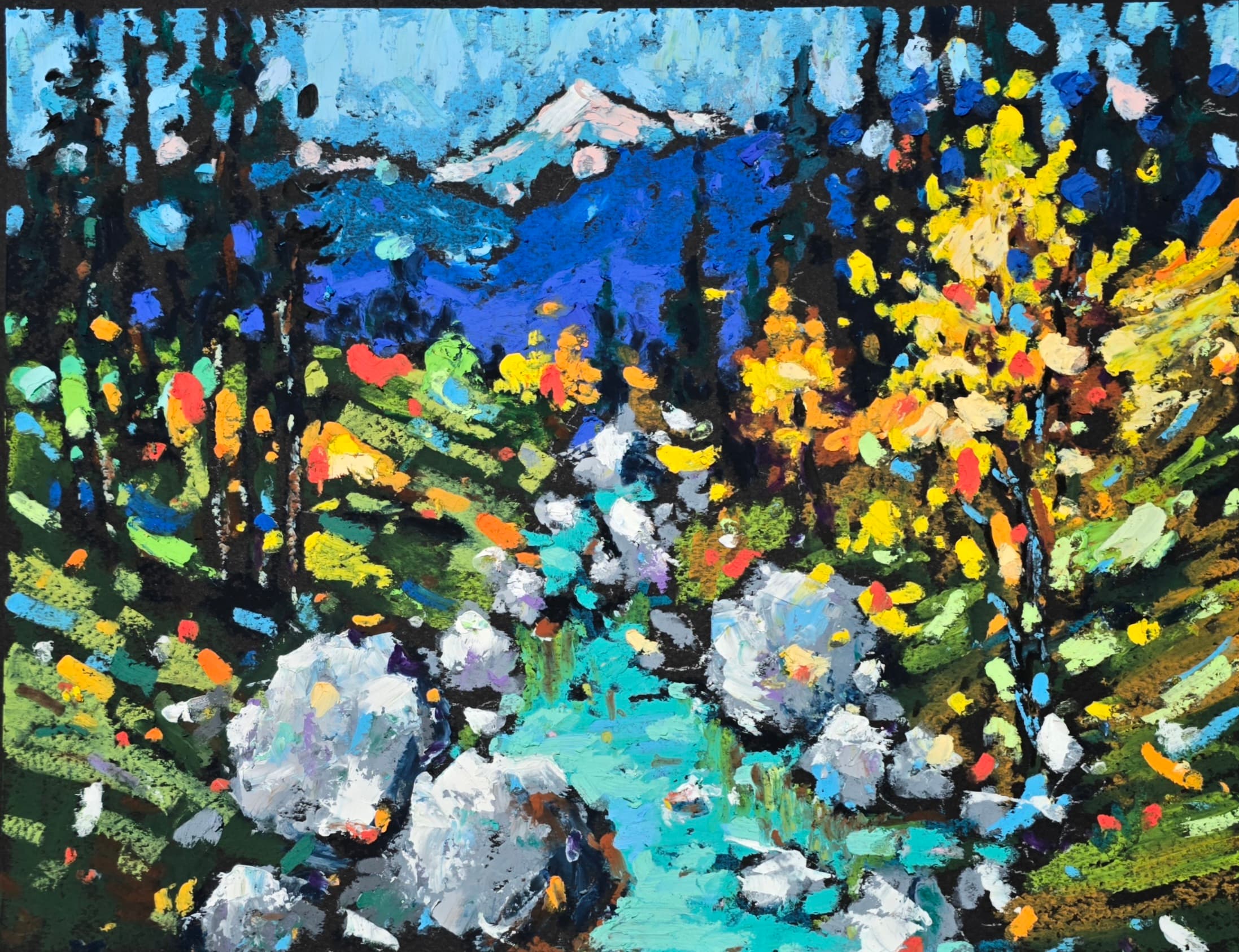 Original oil pastel painting by Yael Natali - colorful autumn mountain landscape with river, yellow trees, and rocky hills, impressionist nature artwork on black paper
