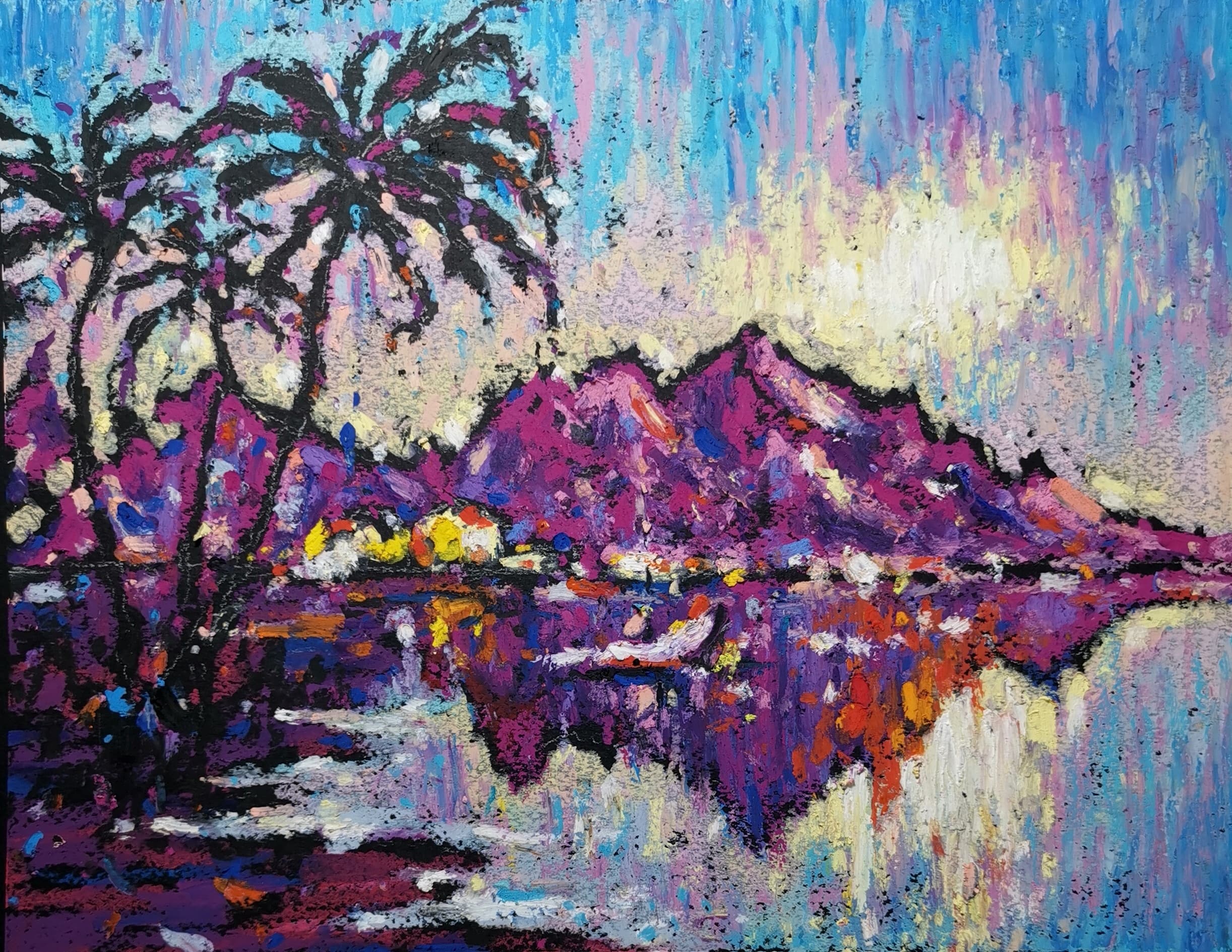 oil pastel painting of a Bali sunset landscape with palm trees, mountains, and water reflection, inspired by Indonesia’s tropical islands