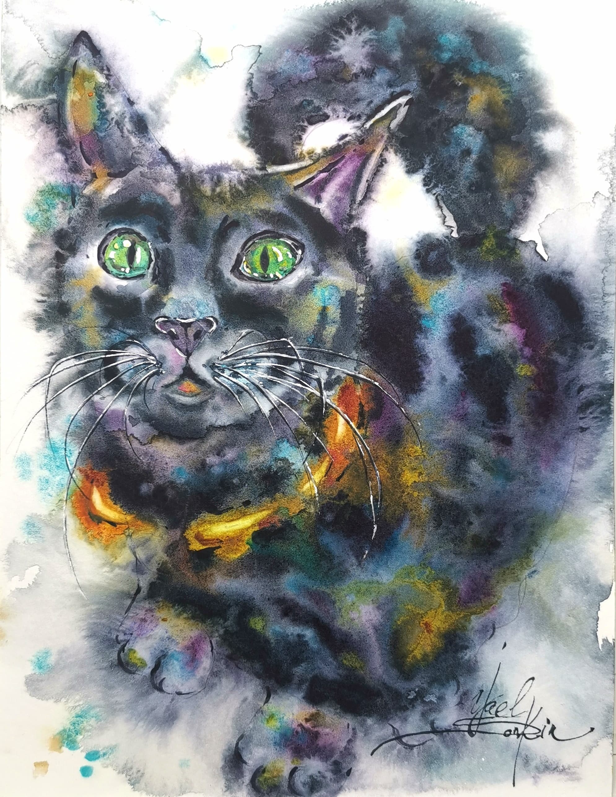 Original watercolor painting “Colorful Black Cat” by Yael Natali — expressive portrait of a black cat with bright green eyes and multicolored fur in yellow, blue, and violet tones, modern animal art 12x9 inches