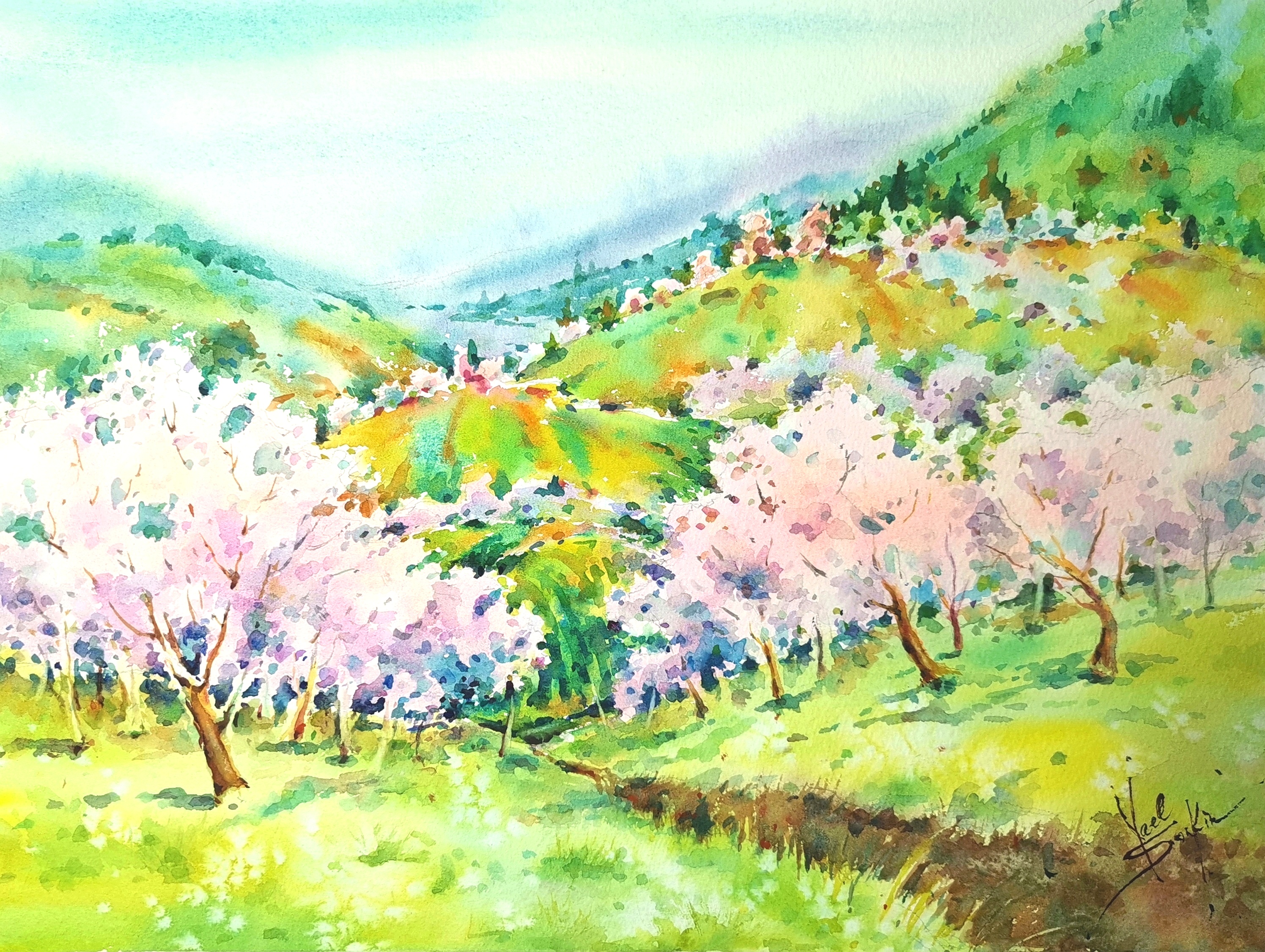 original watercolor painting of a blooming orchard with pink blossom trees, green hills, and spring landscape scenery, wall art 11x15 inches