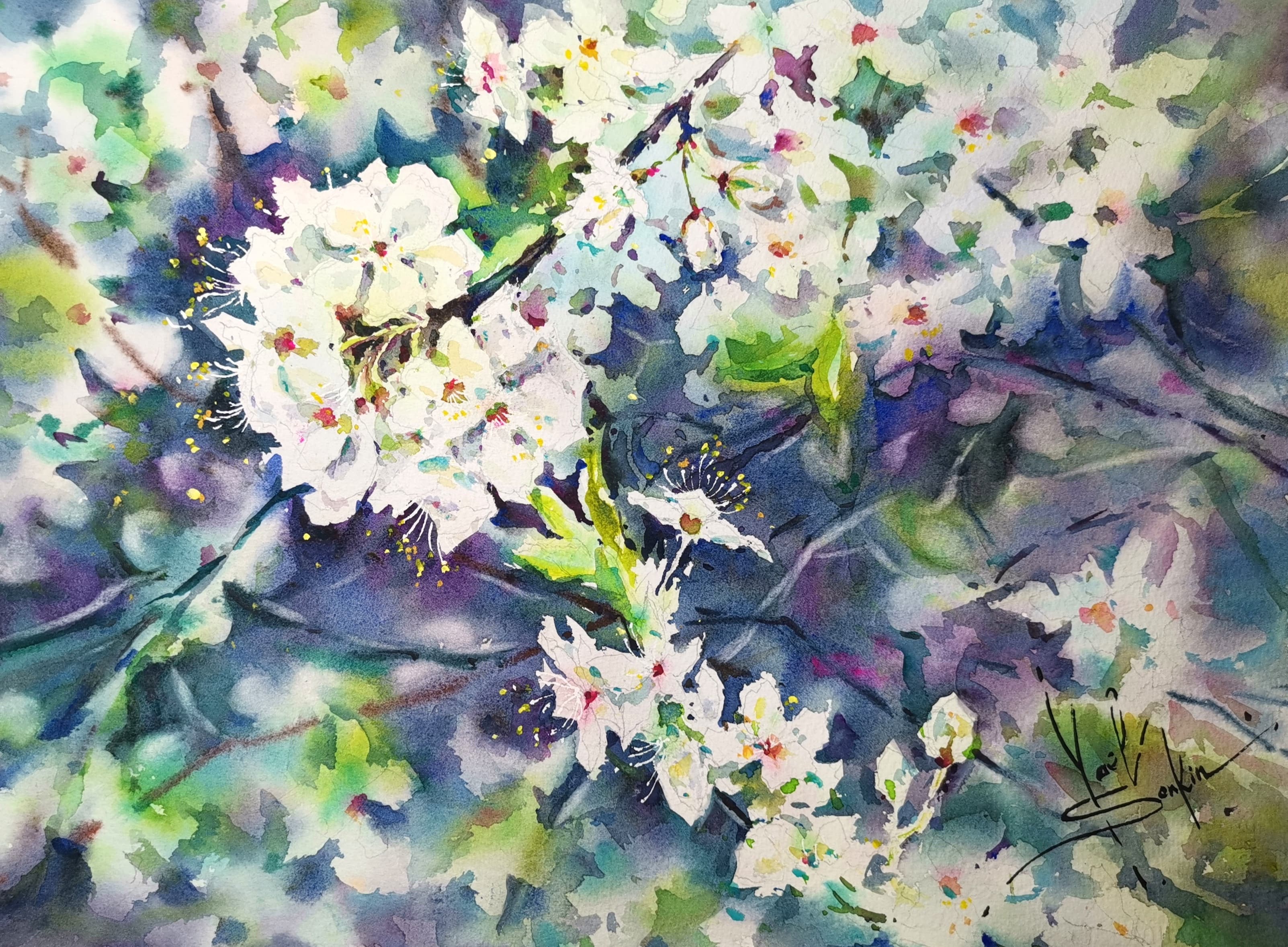 original watercolor painting of blossoming tree with white spring flowers and green foliage, floral wall art, nature-inspired botanical artwork, 11x15 inches