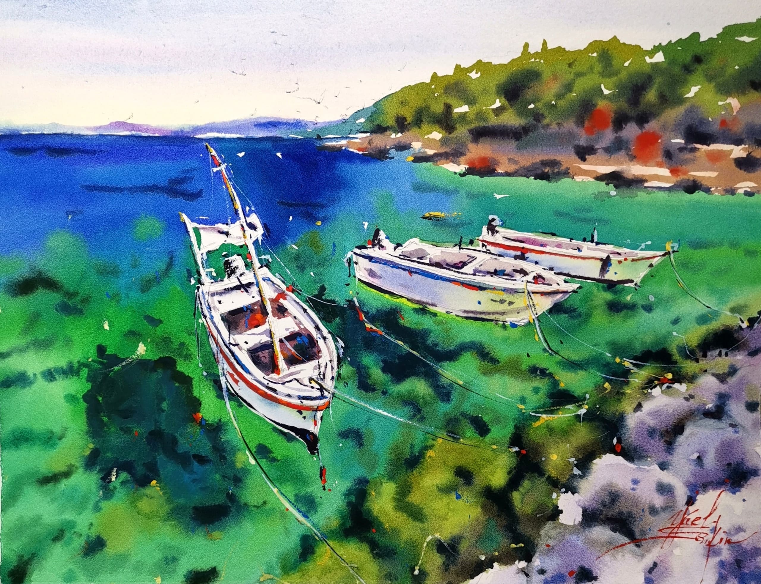 original watercolor painting of boats in Italy, Mediterranean seascape wall art, coastal landscape with turquoise water and green hills, hand-painted 11x15 inches artwork by Yael Natali