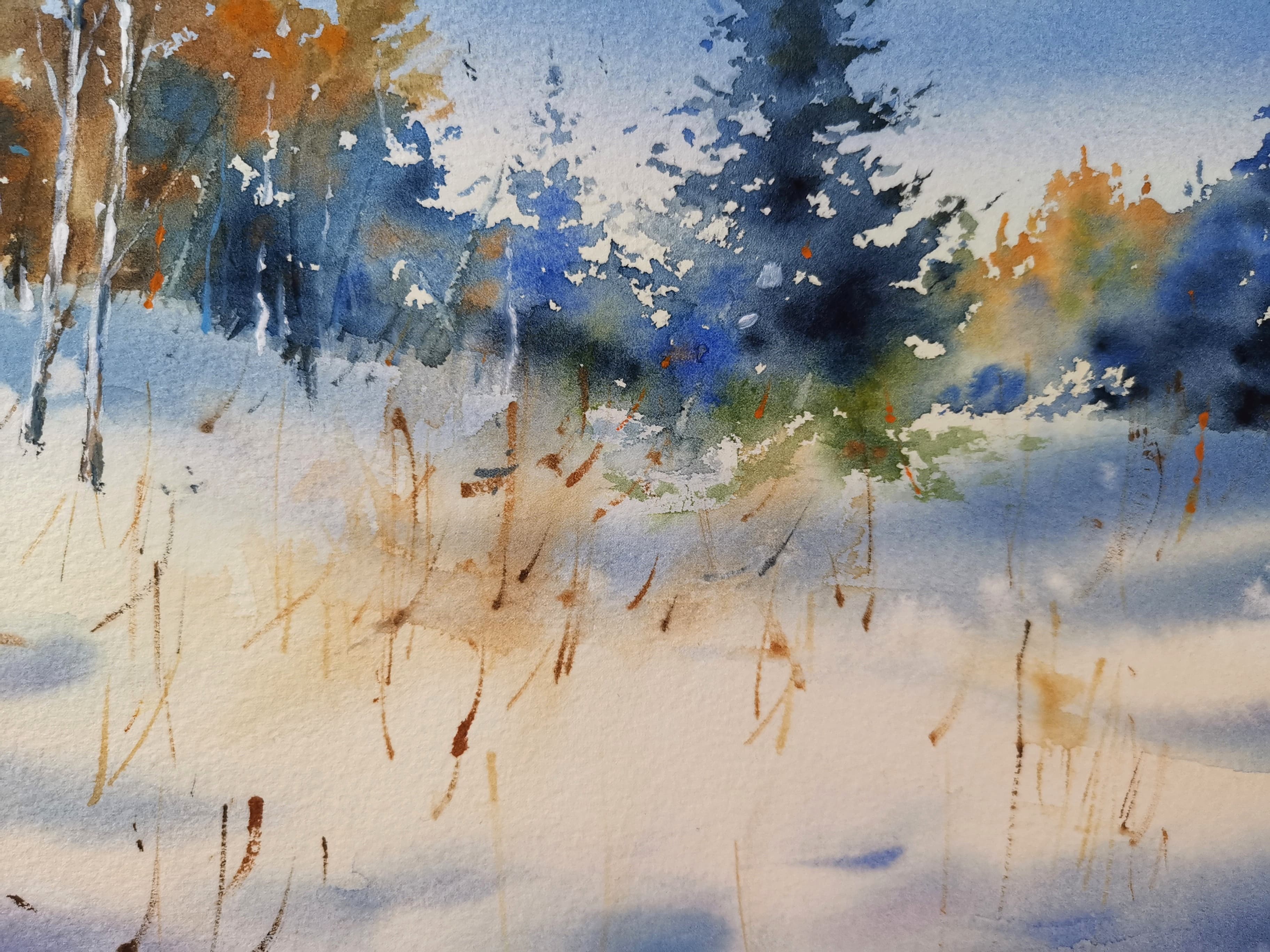 original watercolor painting winter serenity by yael natali, snowy landscape with pine trees, peaceful winter forest art, calm blue and white tones, impressionistic watercolor wall art