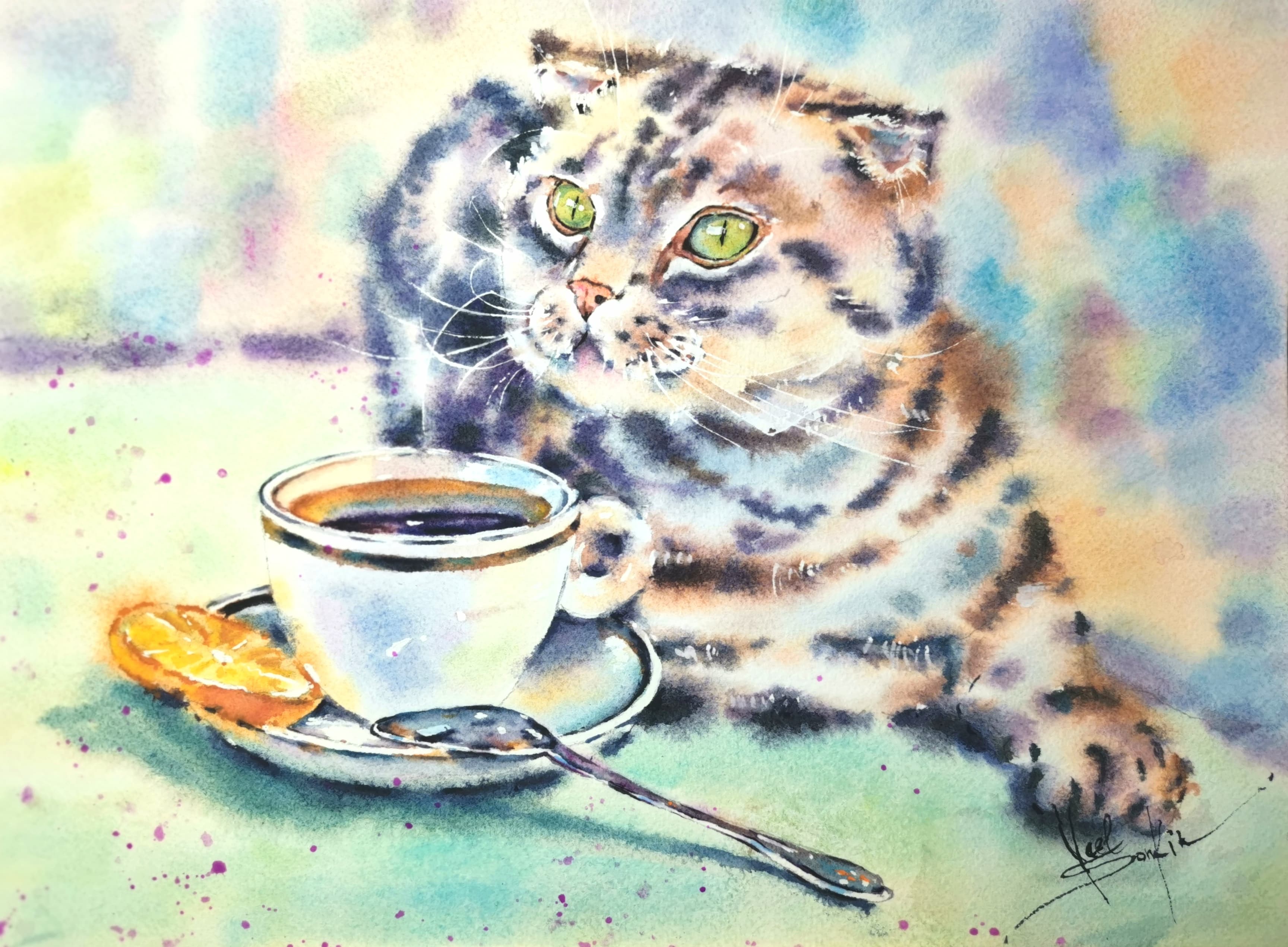 watercolor painting of a tabby cat with green eyes sitting beside a cup of coffee and a spoon on a saucer, soft pastel background, cozy morning light, original artwork by Yael Natali