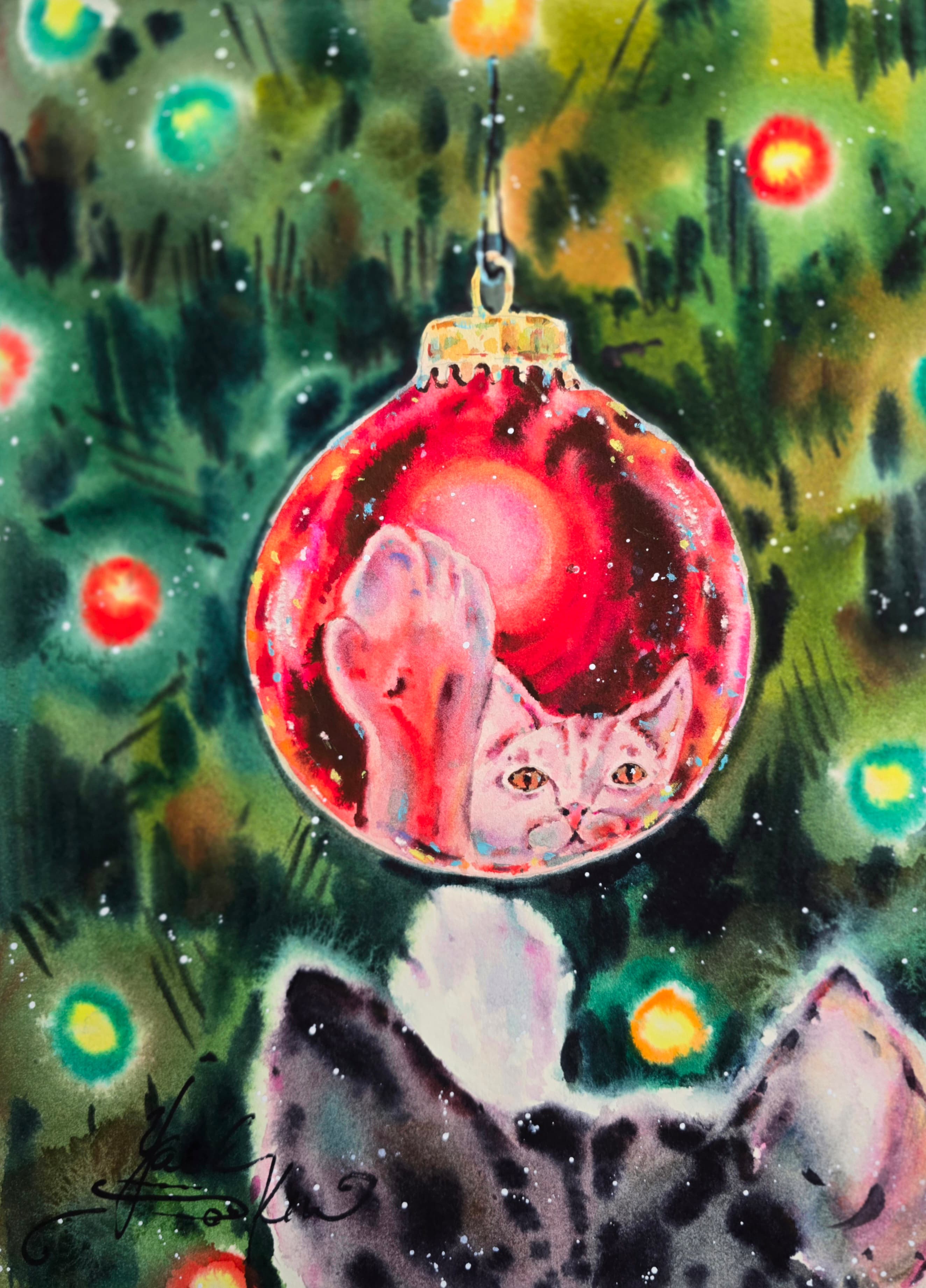 Christmas cat watercolor painting, cat inside red ornament, festive holiday art