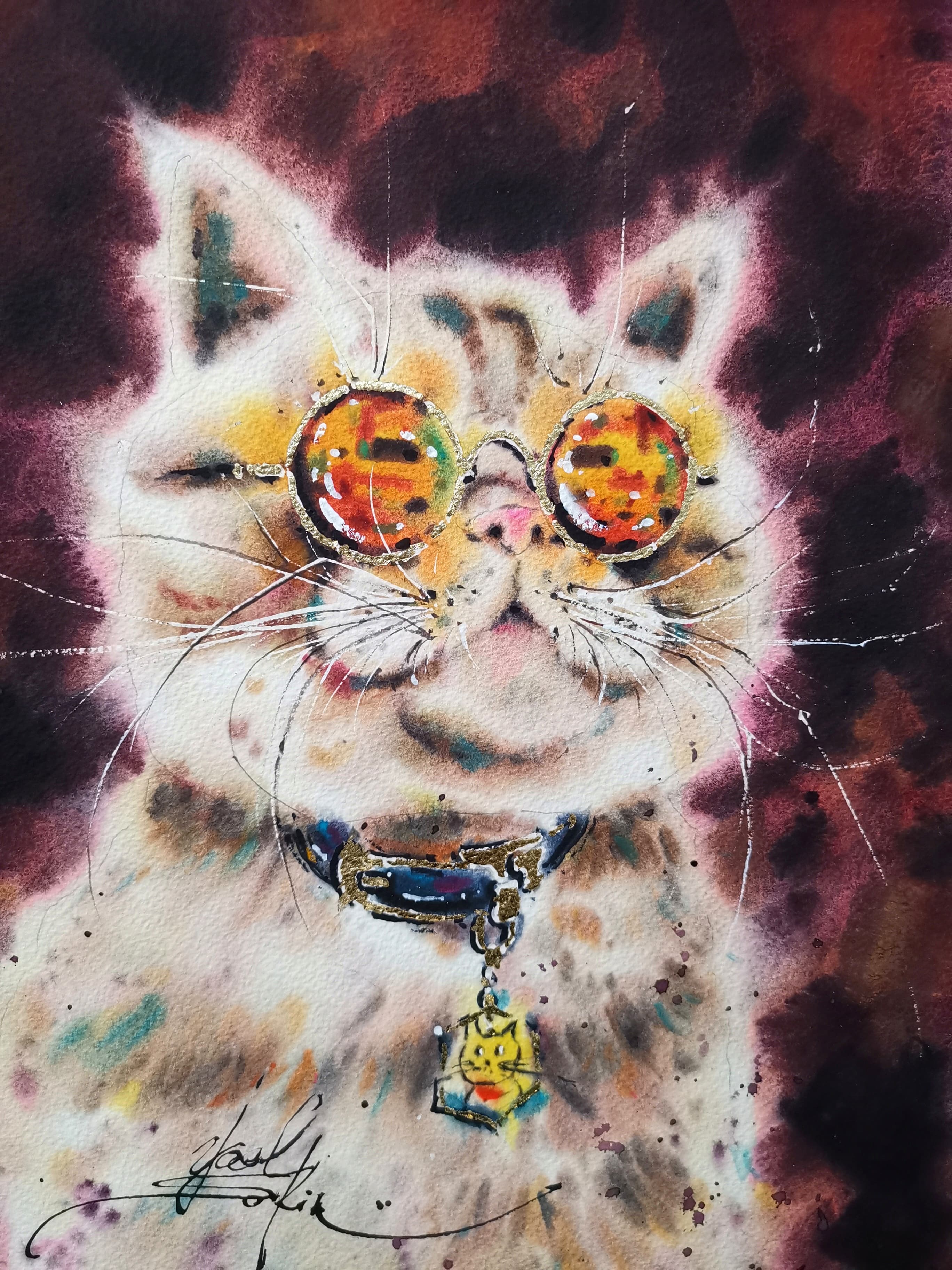 fashion cat watercolor painting stylish modern cool cat with gold foil glasses and collar wall art by Yael Natali original 15x11 inches