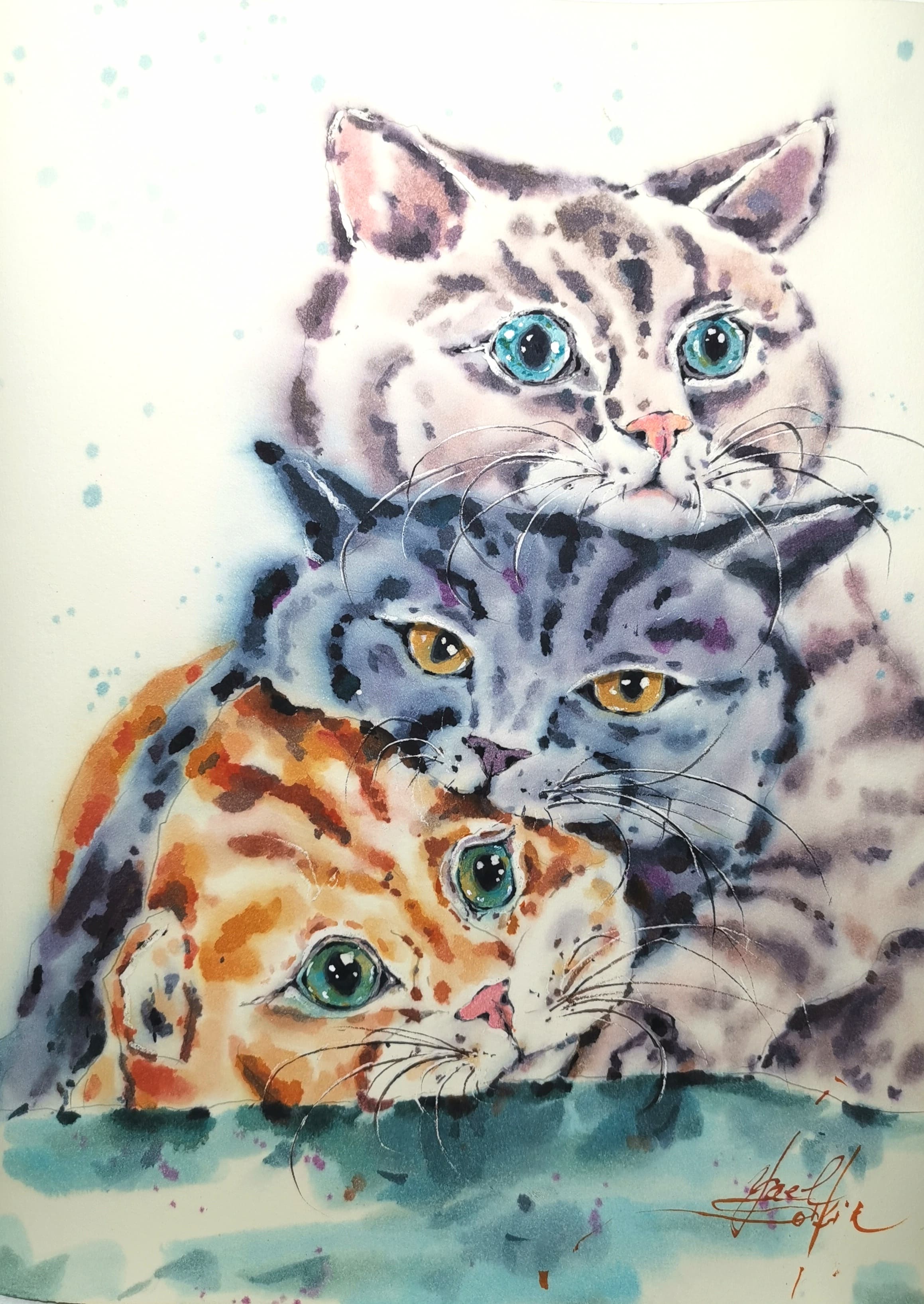 original watercolor painting of three cats, gray tabby, smoky gray and orange cat with bright expressive eyes, feline friendship artwork, 15x11 inches