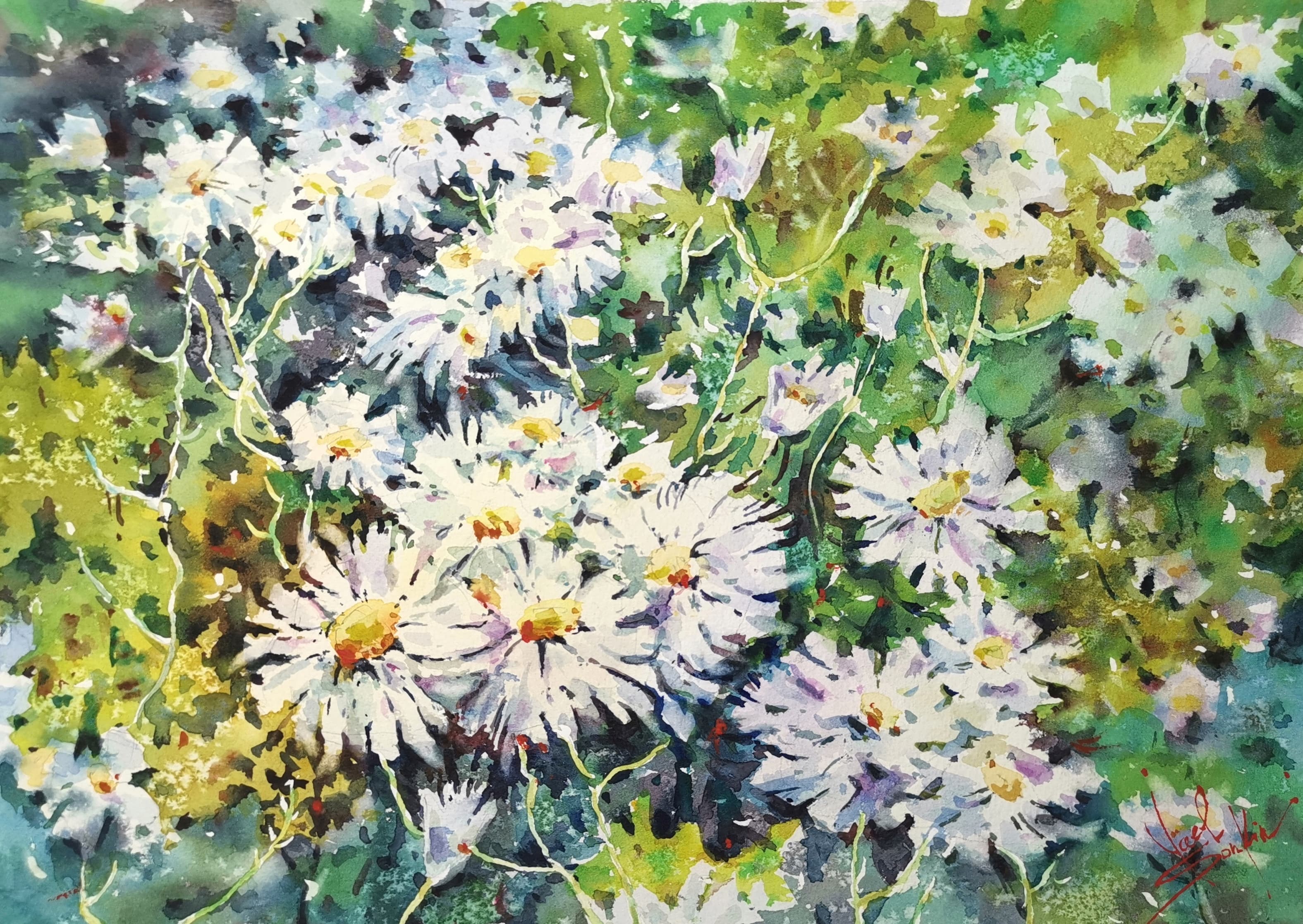 Original watercolor painting of white chamomile flowers in a green summer garden by Yael Natali. Delicate floral artwork with soft brushstrokes, sunlight reflections, and natural textures — perfect for nature lovers and floral wall decor enthusiasts