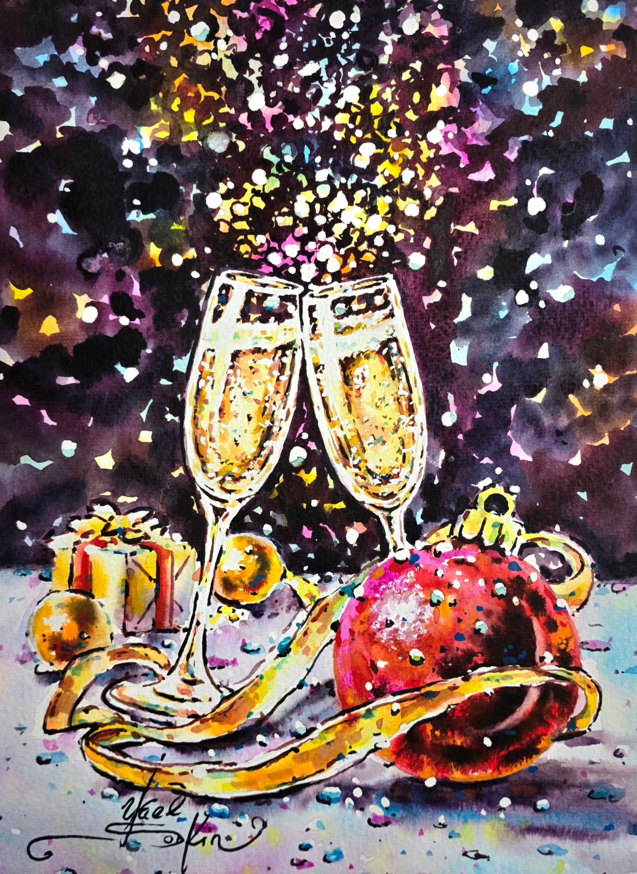 original watercolor painting of champagne glasses with festive Christmas ornament, ribbon and confetti, celebratory still life art