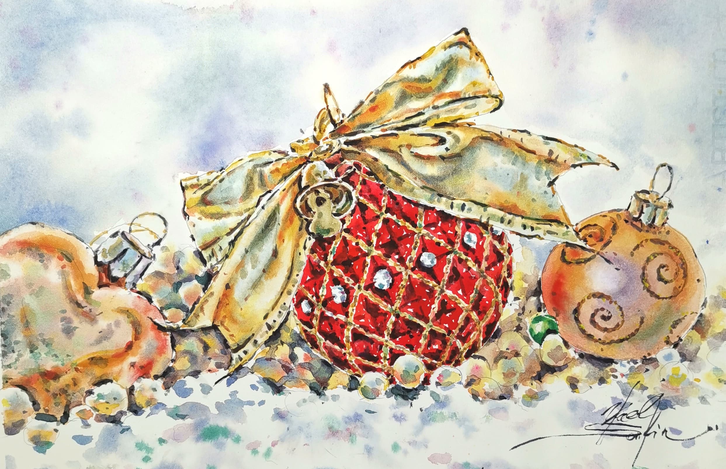 Original watercolor painting of golden and red Christmas balls with ribbon by Yael Natali. Festive holiday still life artwork featuring sparkling ornaments on soft winter background, perfect for Christmas décor or seasonal wall art