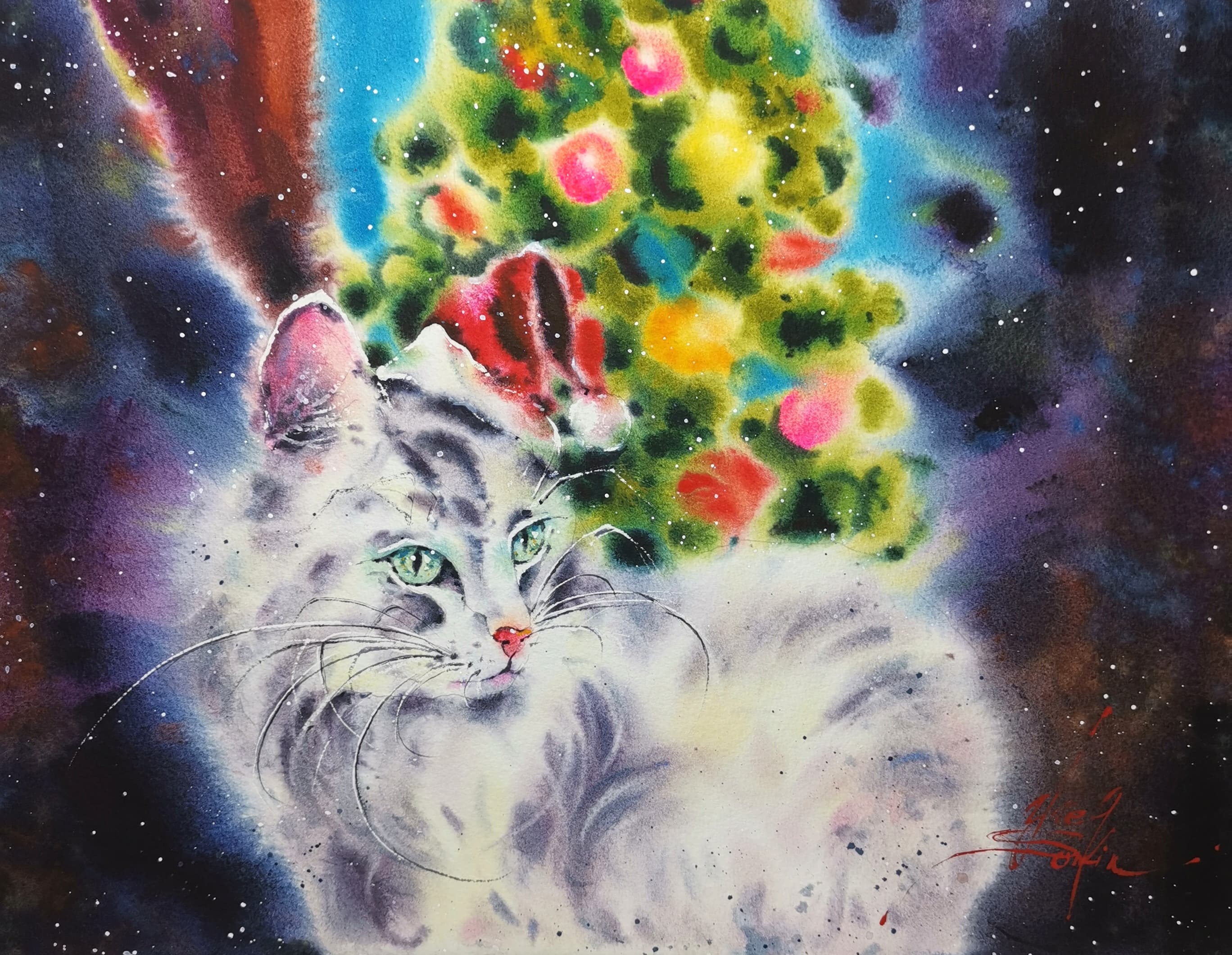 original watercolor painting of white fluffy cat with green eyes sitting near decorated christmas tree, holiday wall art, signed by artist, 11x15 inches