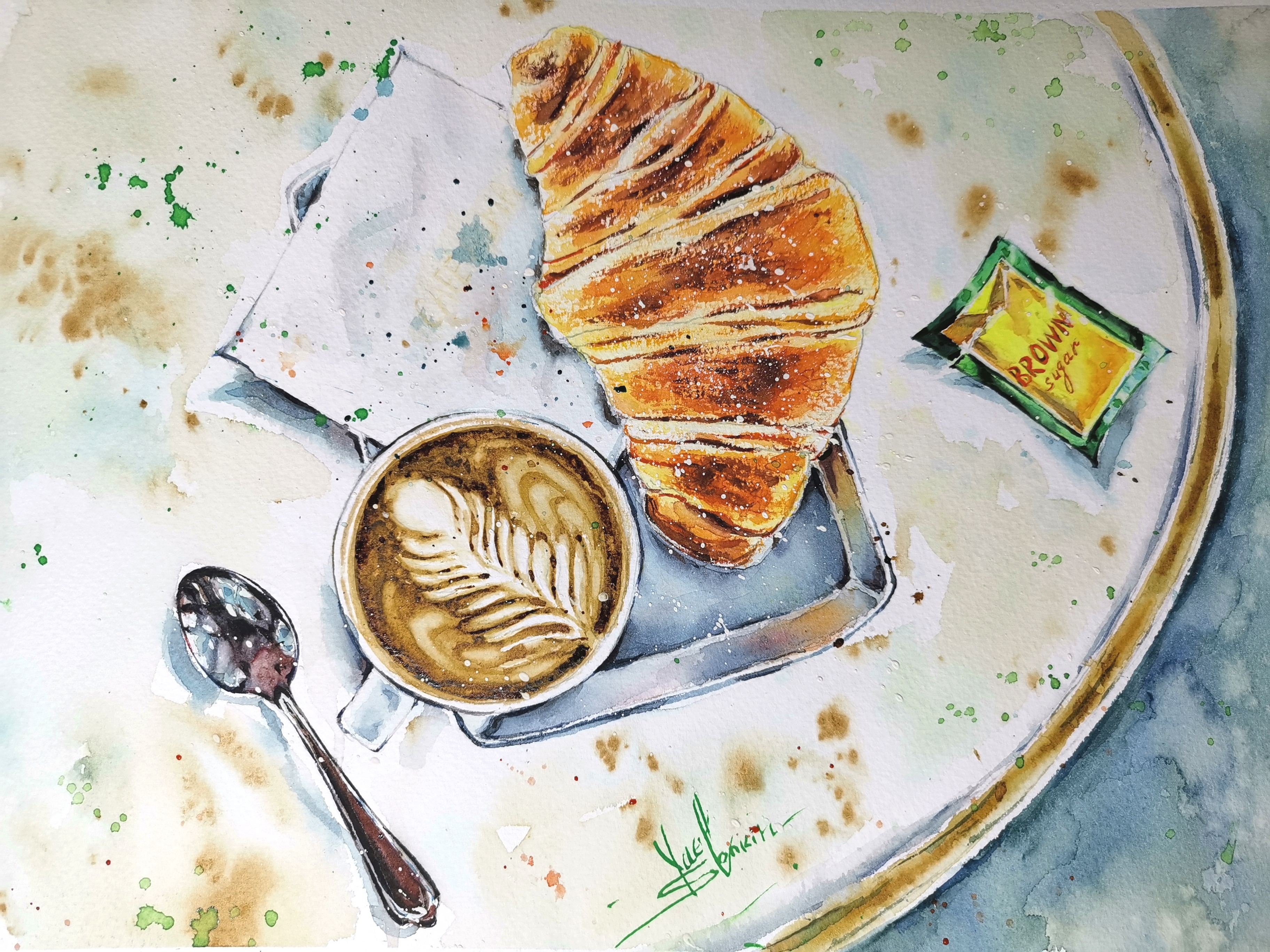original watercolor painting of coffee and croissant breakfast, cappuccino with latte art and pastry still life, handmade kitchen wall art décor, 10x14 inches by Yael Natali.