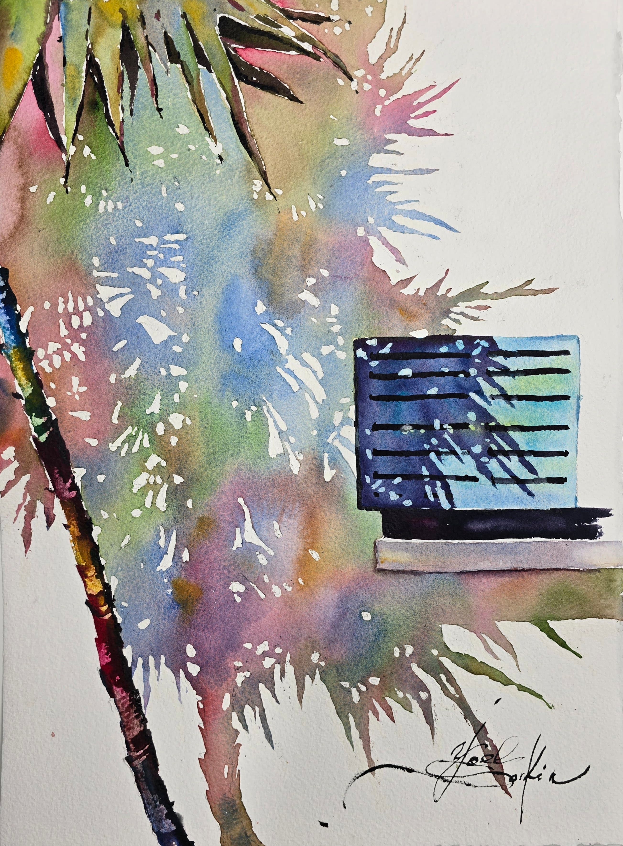 original watercolor painting of colorful palm tree shadows on a wall, tropical wall art, coastal home decor, 15x11 in