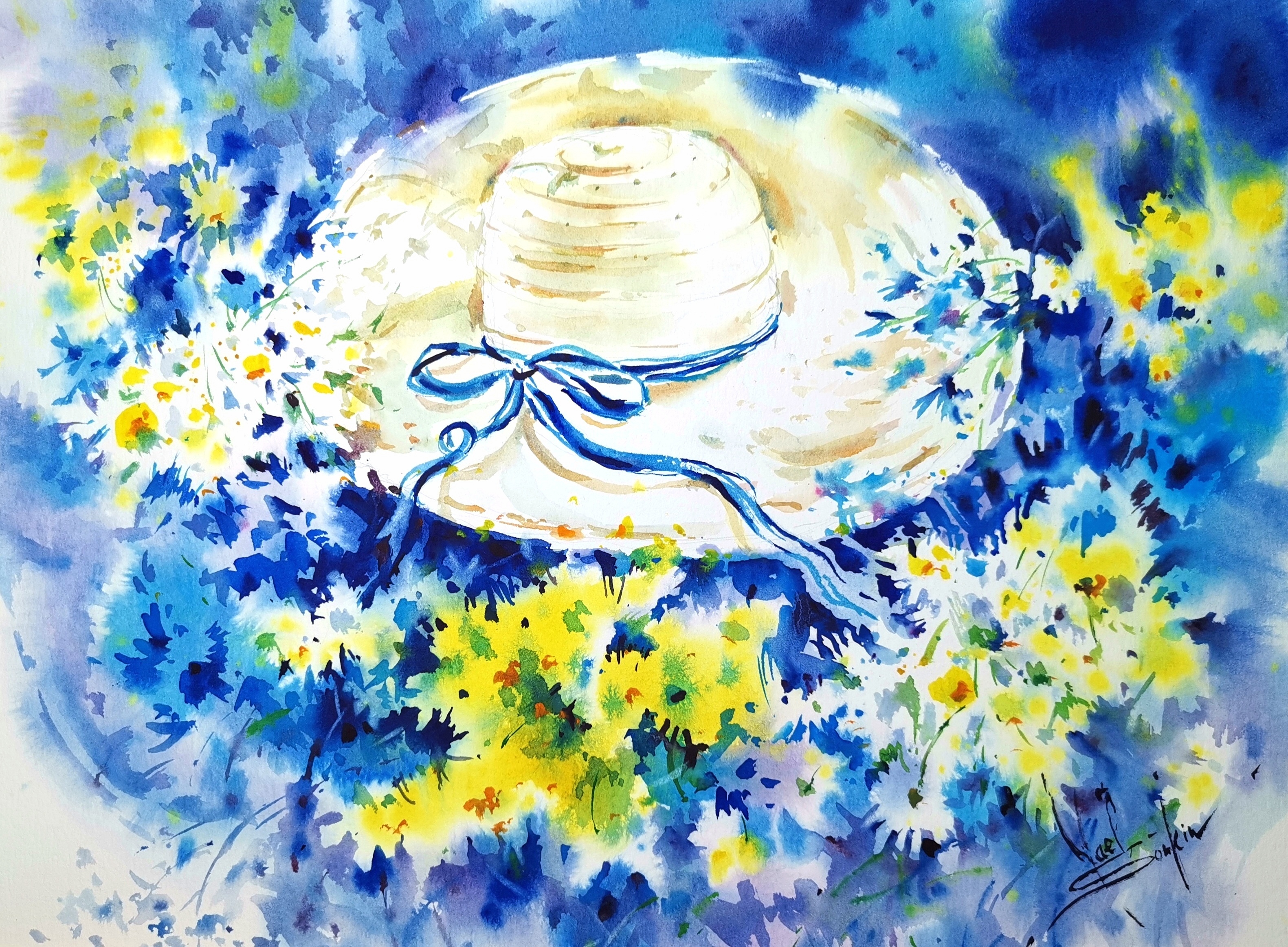 original watercolor painting of a straw hat with blue ribbon surrounded by yellow and white daisies and wildflowers by artist Yael Natali