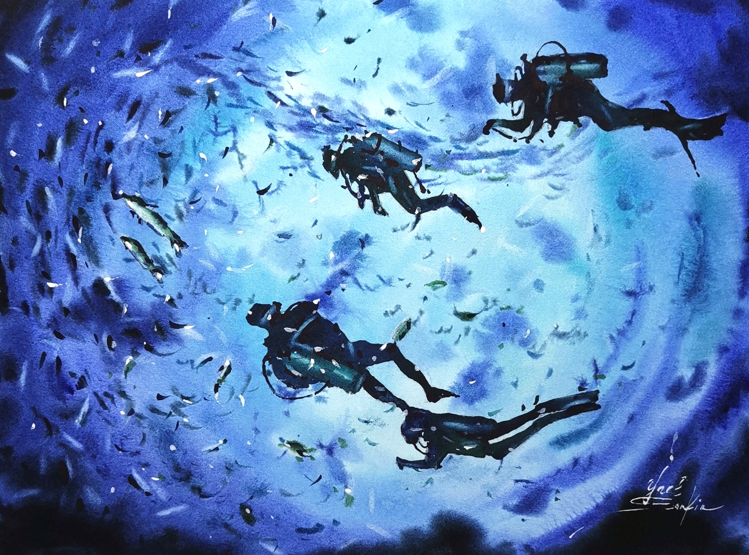 original watercolor painting of scuba divers underwater, surrounded by schools of fish in vibrant blue tones. Ocean marine life wall art, unique nautical decor, 9x12 inches, signed by artist