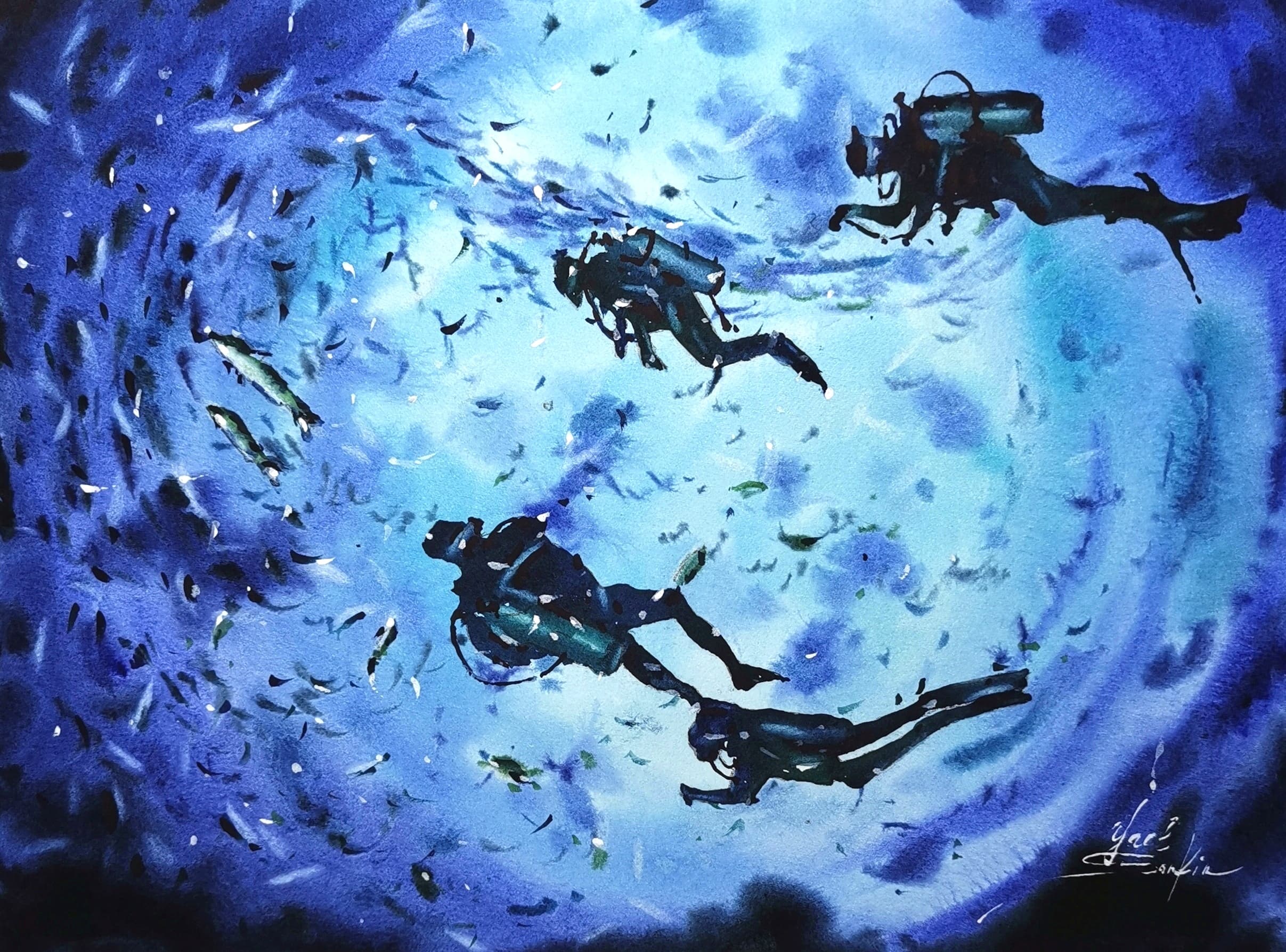 original watercolor painting of scuba divers underwater, surrounded by schools of fish in vibrant blue tones. Ocean marine life wall art, unique nautical decor, 9x12 inches, signed by artist