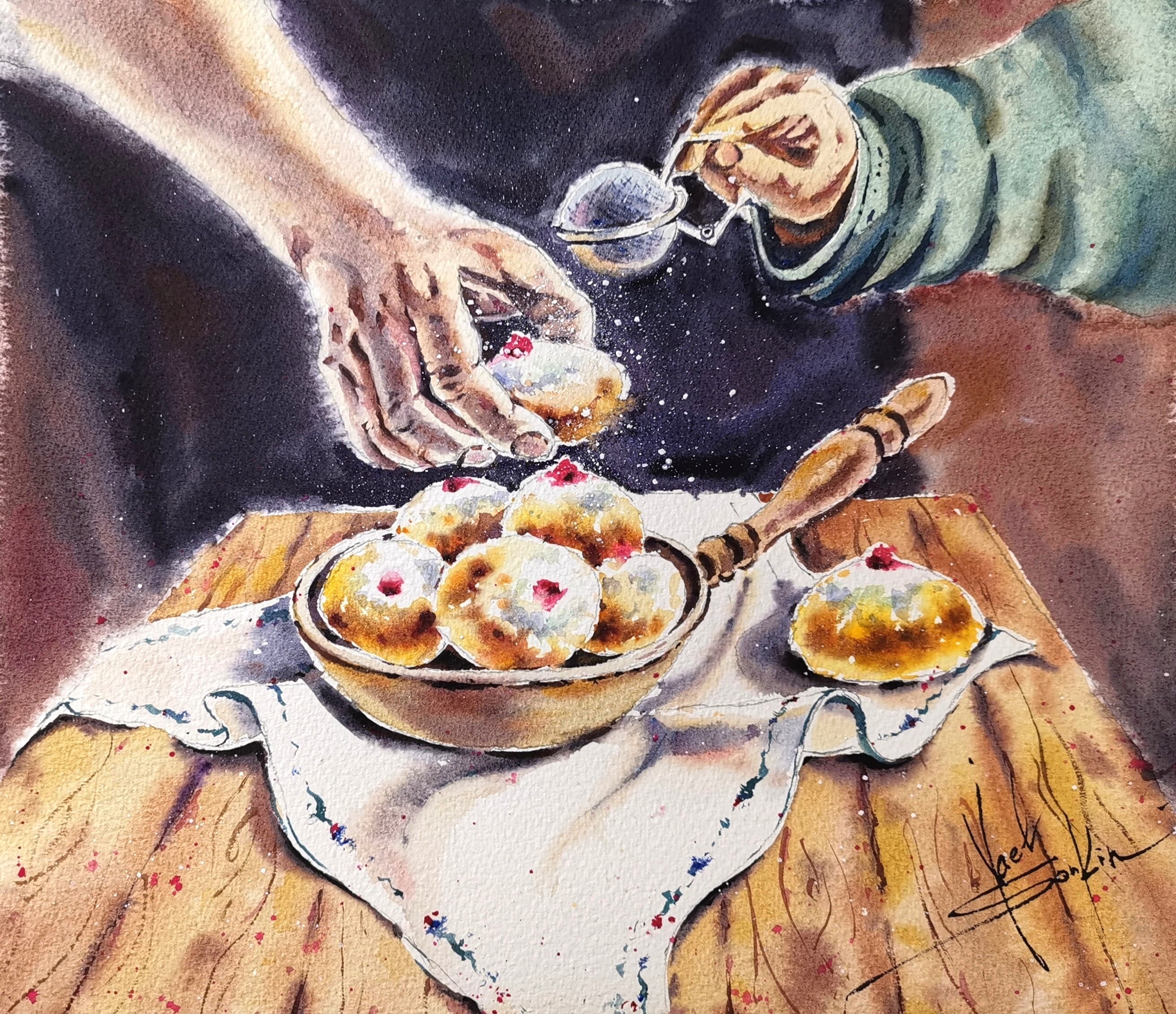 watercolor painting of Hanukkah sufganiyot donuts with powdered sugar and hands preparing them
