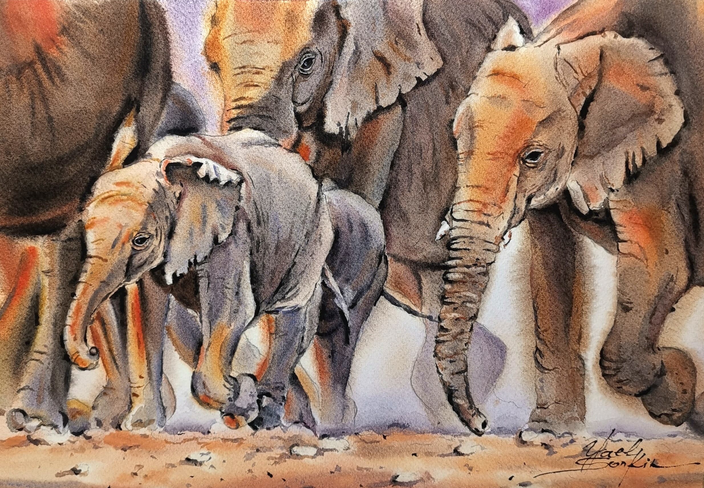 watercolor painting of elephant family with baby elephant surrounded by adults, wildlife art, 8.27x11.69 inches