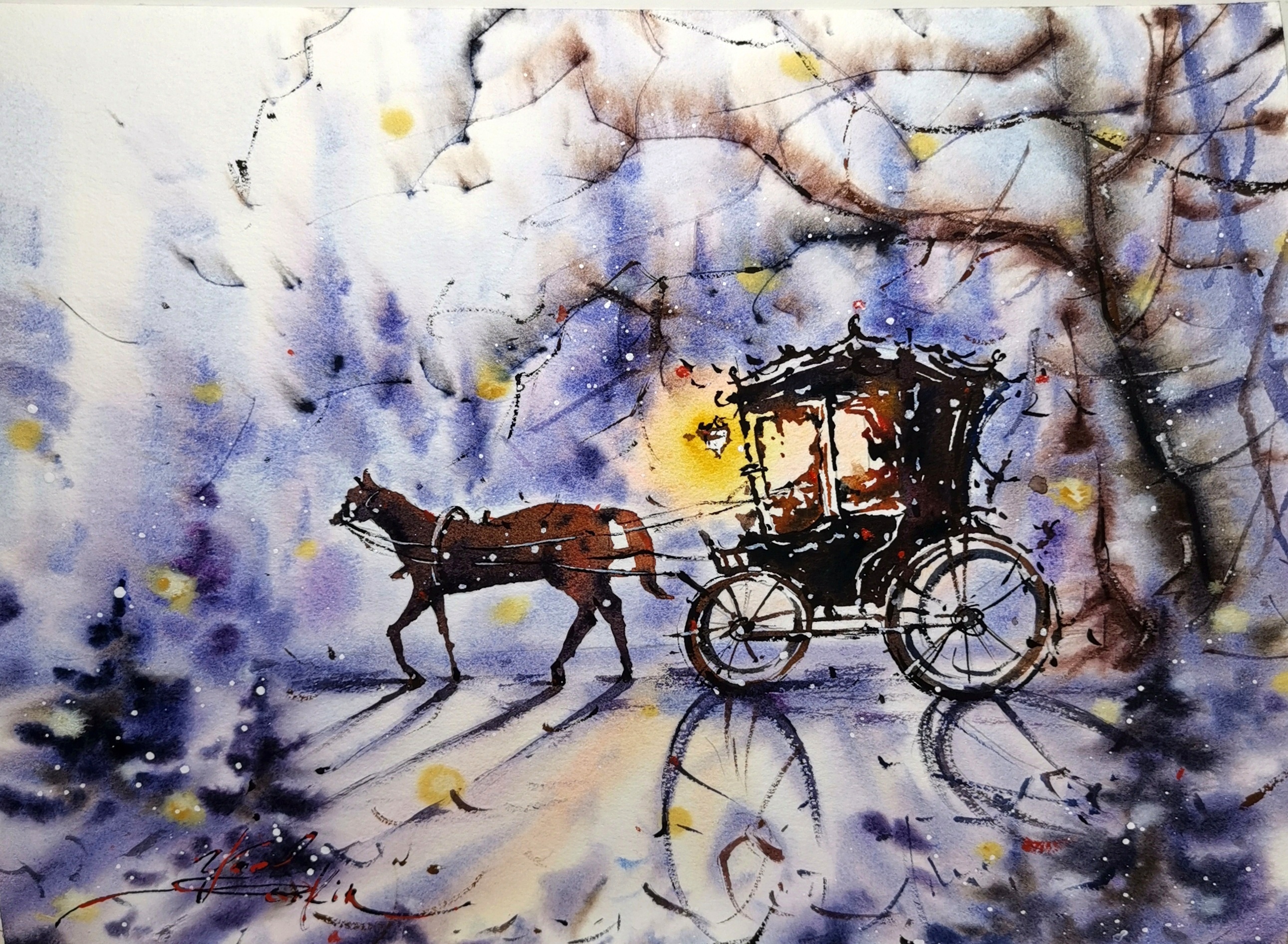 original watercolor painting of a fairy-tale horse and carriage in a mystical forest, fantasy wall art 9x12 inches