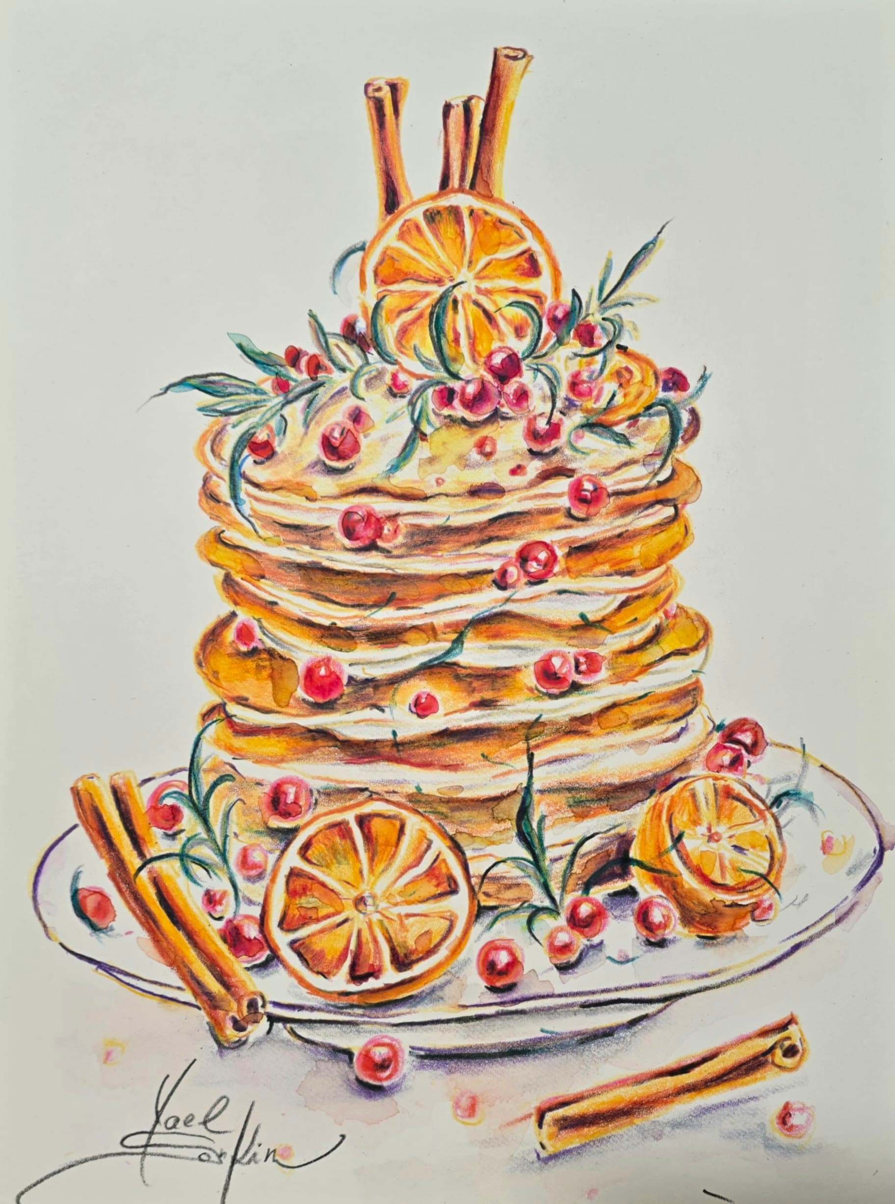 Watercolor pencil still life of a festive pancake stack with berries, dried orange slices, cinnamon sticks, and whipped cream, original 12×9 inch artwork by Yael Natali Sonkin