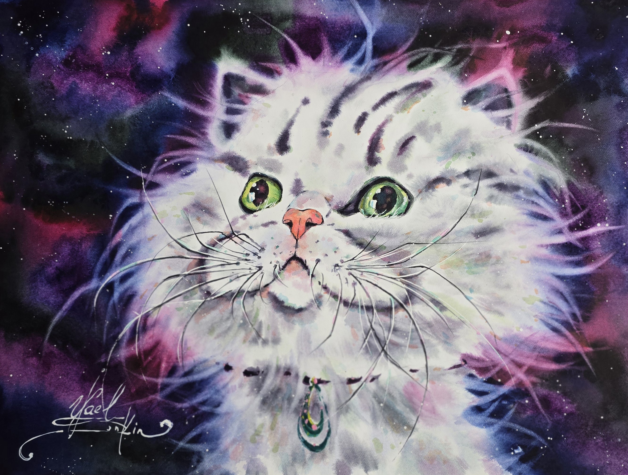 original watercolor painting captures the magical beauty of a fluffy white cat gazing into the galaxy by artist yael natali sonkin