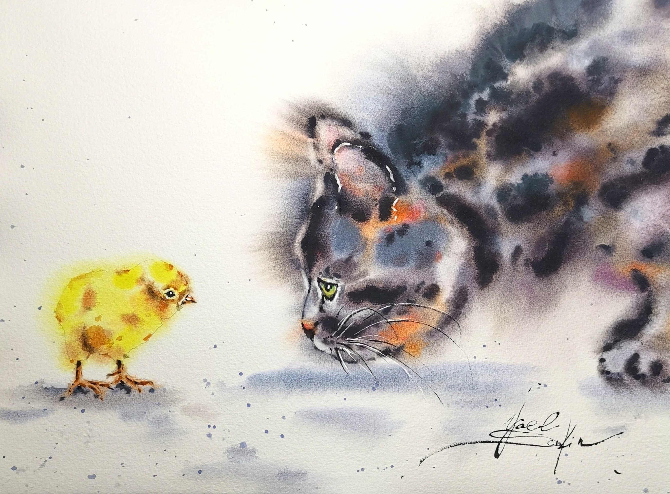 Original watercolor painting of a fluffy cat curiously looking at a small yellow chick by Yael Natali. Animal art in soft pastel tones, symbolizing curiosity and friendship — perfect wall decor for cat and bird lovers